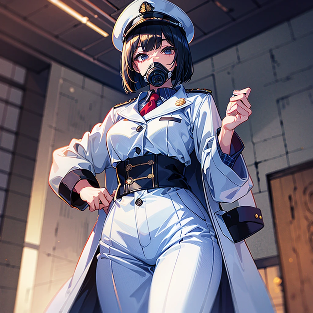 (((masterpiece)))、(((Top image quality)))、(((top-quality)))、((highly detailed unity 8kwall-paper))、(Illustration of one woman)、30-years old、(Viceroy)、Black hair bob cut、(((Gas mask covering the mouth)))、Gray eyes、(((Sanpaku eyes)))、((Tall))、((huge tit))、((Military uniforms))、((Military Cap))、((Military coat))、(white clothes)、(White pants)、(White cap)、trench coat、((Inside the spaceship))