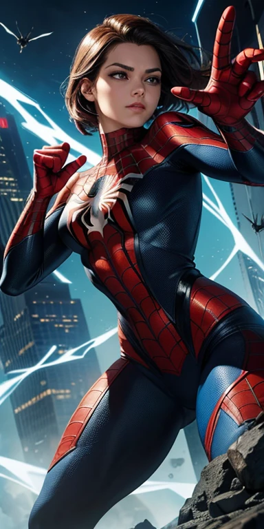 a superhero dressed as Spider-Man, exuding confidence and power, no mask on. A estampa apresenta uma mulher com traje do Homem-Aranha. Cabelo ruivo longos. Vibrant and dynamic style, with solid colors and defined contours. the background is dark, highlighting the heroine. Design em 2D, created digitally with painting technique. No distortions or imperfections. Ideal for superhero fan t-shirts. Centralized composition, foco na personagem. 8K分辨率, dimensions of 2040x2040 pixels. Engine 5 Graphics Engine. Design vetorial para estampar camisetas. 
Evite retratar a personagem de forma exageradamente sexualizada. Keep female representation strong and respectful, emphasizing her role as a superhero. Evite elementos poluentes ou imagens ofensivas. Ensure a balanced and coherent aesthetic with the Spider-Man universe.