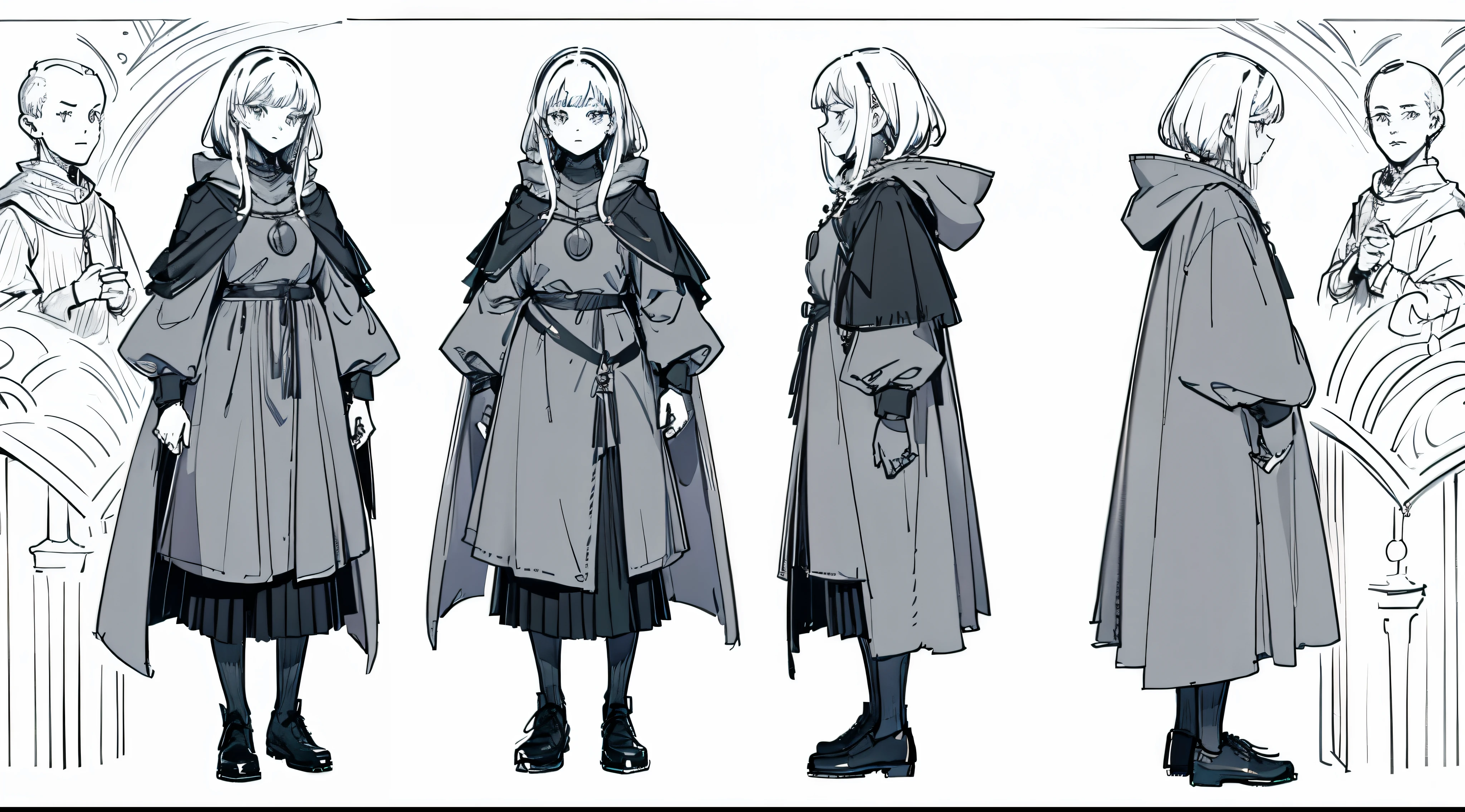 character design,Girl in a cloak,with hood,Carrying a rucksack,Middle Ages style,line art,Three View