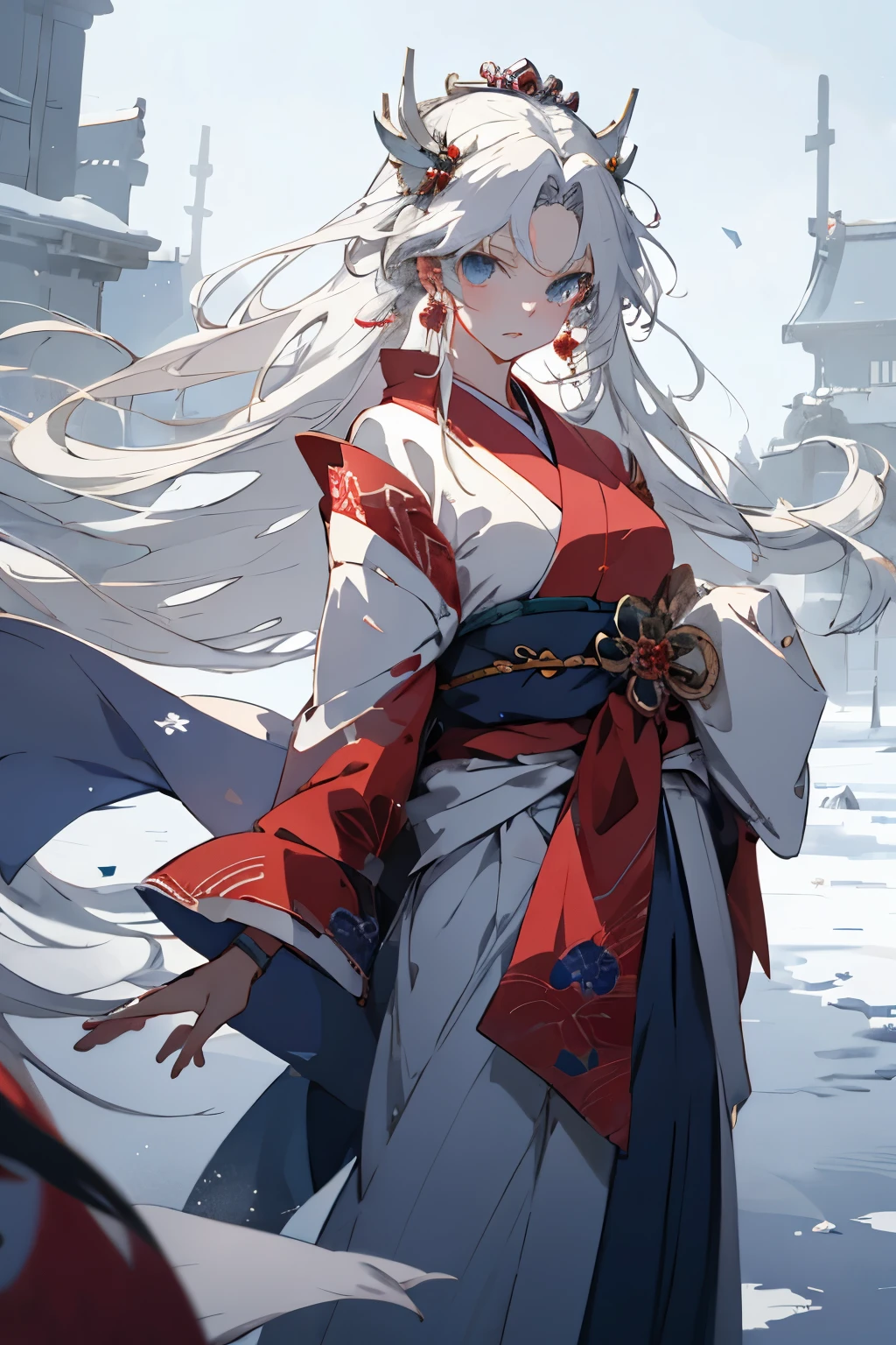 Anime girl with long white hair and blue skirt in the snow, white-haired god, White hair floating in the air, anime fantasy illustrations, Flowing white hair, beautiful youth spirit, Beautiful fantasy anime, glowing flowing hair, ethereal anime, beautiful anime artwork, Beautiful digital artwork, Anime fantasy artwork, ((beautiful fantasy empress)), 2. 5 d cgi Anime fantasy artwork，Japan kimono，Japan Oiran，nevando，