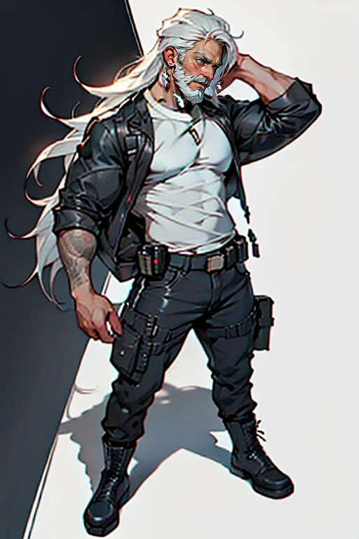 dark skin man, male, black eyes, white hair, long hair, anime style, 4k image, full body, holographic background, Character sheet, Handsome male. Perfect face, 6 ft 5 tall middle aged man. White hair. Long hair. Grey eyes. Beard. Earrings. Toned body. Muscular male, character design sheet，full body, Full of details, body front view, body back view, Full body, muscle body, T-shirt, combat boots, combat cargo pants, holster, ((Masterpiece, Highest quality)), Detailed face, character design sheet full body, Full of details, frontal body view, back body view, Highly detailed, Depth