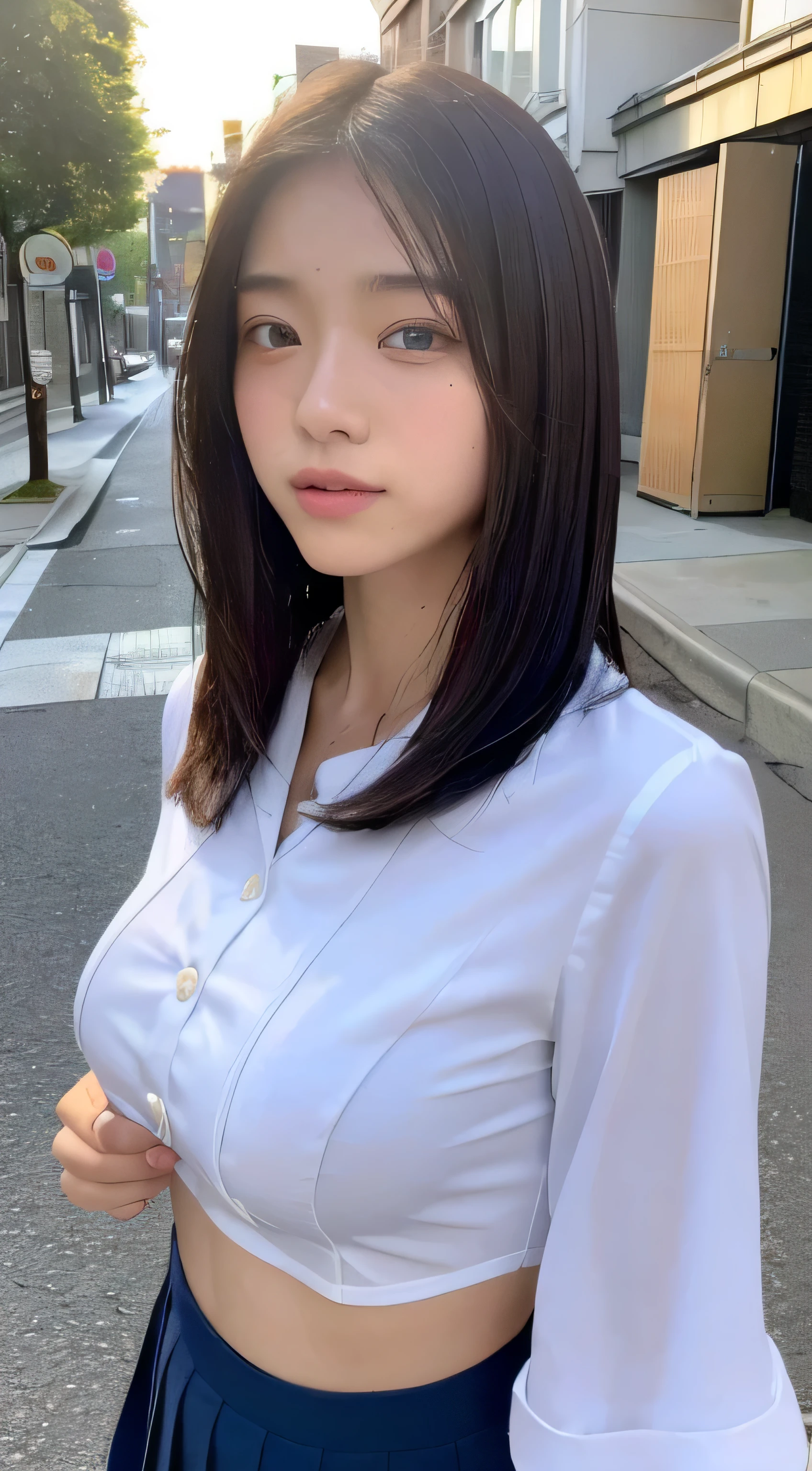 ((top-quality、8K、masterpiece:1.3))、foco nítido:1.2、Beautiful woman with perfect body:1.4、Slim abdomen:1.2、((Layered Haircut、Colossal tits:1.2))、 (Small and beautiful hard nipple) (Thin, damp buttons up to shirt length:1.1)、(Sateen、a street:1.2)、Wet body:1.1、Highly detailed facial and skin texture、 A detailed eye、二重まぶた、sun burnした肌、A sexy、sun burn、Japan school uniform、japanes