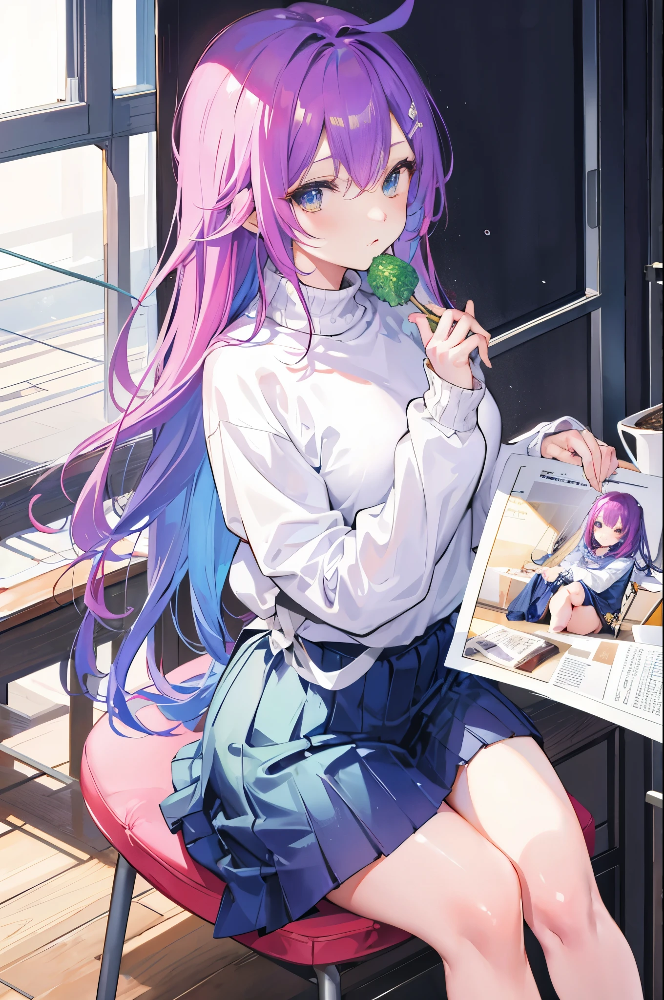 (teens girl,人物,校服,Gradient Long Hair+lightblue hair+Purple hair ends+Red Half-rimmed Glasses+Purple eye:1.2,White T-shirt+Blue super shorts,White over-the-knee stockings, Expressions are confident and static)