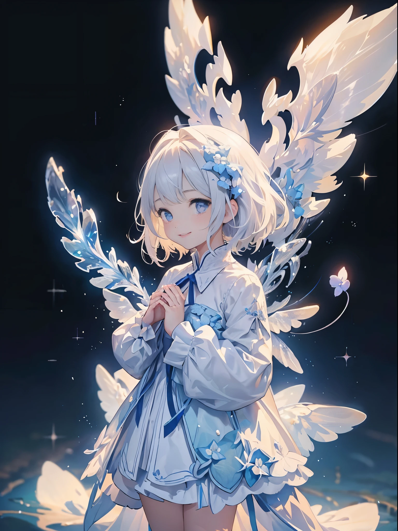 (1girl in:1.3)、(Fractal Art:1.3)、white hair、short-hair、Spread your shining wings with both hands、embrace your heart、I'll give you the diamond light、forget-me-not blue light、The ever-blooming forget-me-nots are rooting for you...、No problem、side lights、A smile、Clear blue sky in the background