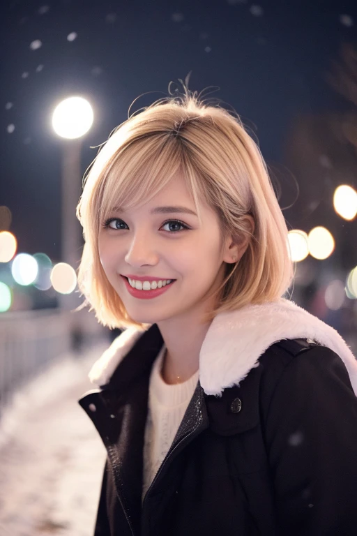 1 female、brue eyes、a short bob、a blond、Beautiful hair color、It's snowing、Smiling、White teeth are visible、nightcity、Well-formed eyebrows、short-hair、
Winter scene、depth of fields、High quality、profile、Turning around、bustup、