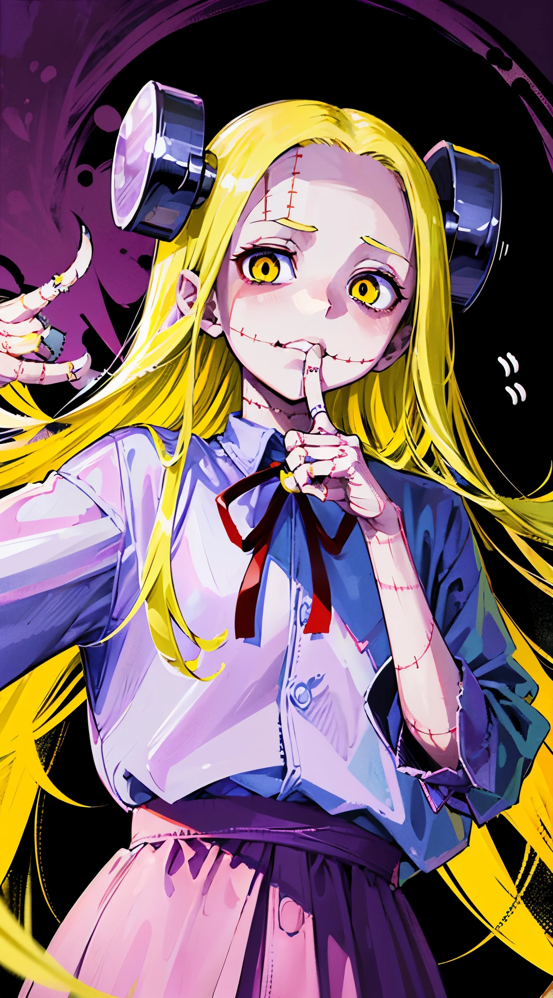 Madaraki_Fran,A  girl ,stands,awkward,the madhatter ,surgeon ,wrinkles,concerned,((bites his finger)), hairlong , yellow hair,seams , Scars on the body , A creepy look , scary eyes , An intimidating look , creepy smile , bags under eyes, ((((Nervous))))