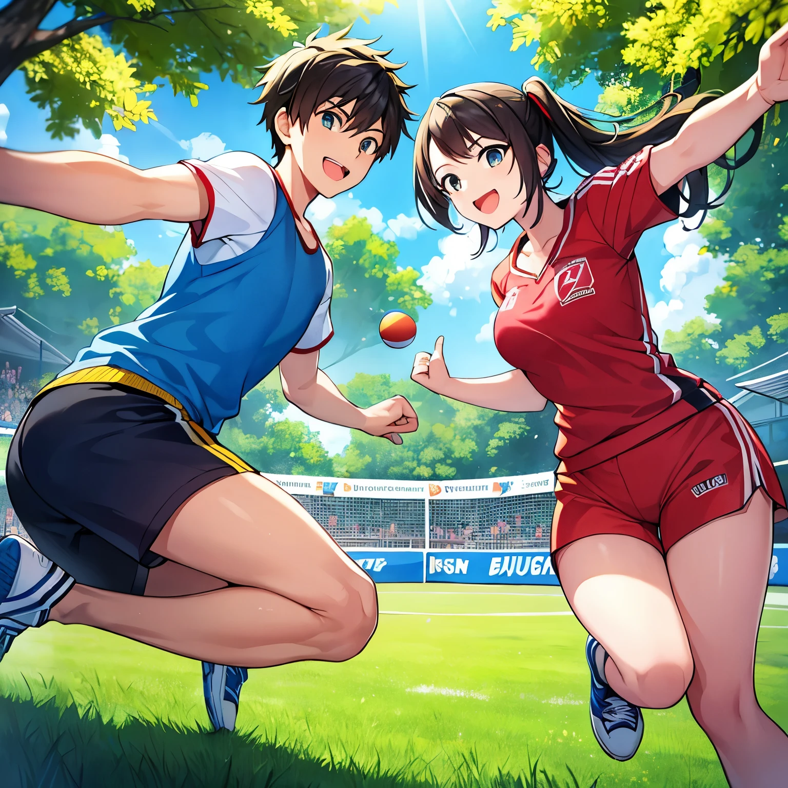 (A handsome boy) jumping up to play badminton, (a girl) standing beside watching the game, (outdoor) scene, (lush green grass) under their feet, (bright sunny day) with a clear blue sky, (energetic and dynamic) atmosphere, (vivid colors) highlighting the movement, (beautiful detailed facial expressions) of the boy and girl, (focused intensity) in their eyes, (recreational sports) ambiance, (best quality, highres) image capturing the (fast-paced action) of the game, (natural lighting) creating a vibrant and lively scene, (youthful happiness) portrayed in their smiles, (sporty attire) enhancing their active personalities, (multi-directional shadows) indicating the direction of the sunlight, (captivating composition) showcasing the athletes' skills and enjoyment.