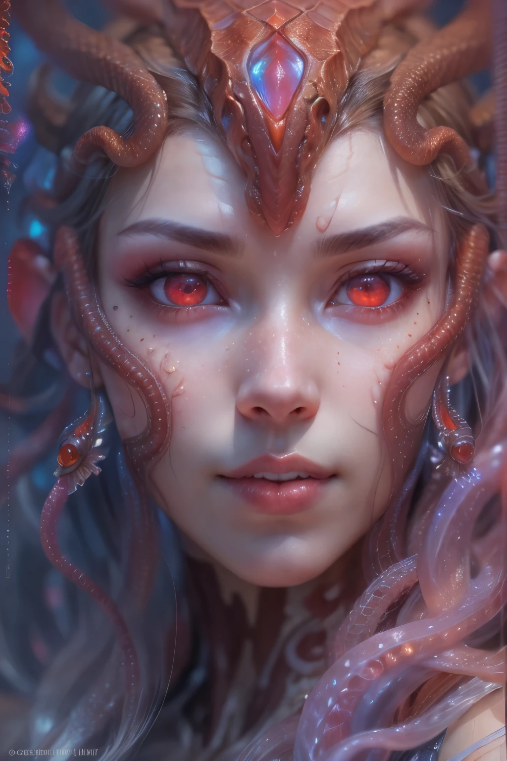 Portrait, (beautiful female alien:1.2),  (she has red eyes with no pupils:1.8), (Translucent skin:1.7),  (There is a female genital-like organ in the middle of the forehead:1.9), (The most beautiful face in the history of the universe:1.2),an evil gaze that seduces, (large mouth:1.1), (sharp teeth like a vampire:1.2), Full body like, (bio luminescent:1.5), (Smile wickedly:1.3),  (sexypose:1.5), alien, No humans, cells are fused, (Lots of translucent tentacles:1.3) extraterrestrial, cell, bio image, Best Quality, 8K,4K_quality, High Definition, Dramatic Lighting, masutepiece:1.5,cinematic quality, detail up, (Intricate details:1.2), High resolution, High Definition, drawing faithfully, (Thick eyebrows:1.2), Beautiful eyes with fine symmetry,(Highly detailed face and eyes:1.2), Intimate face, (Super detailed skin quality feeling:1.4), Perfect Anatomy,  (Beautiful toned body:1.5),  (Moist skin:1.2), No makeup, (dark circles:1.1), long canines, cinematic drawing of characters, ultra high quality model, cinematic quality, detail up, (Intricate details:1.2), High resolution, High Definition, drawing faithfully, Official art, Unity 8K wall  , 8K Portrait, Best Quality, Very High resolution, ultra detailed artistic photography, midnight aura,  unreal enginee 5, Ultra Sharp Focus, art by alberto seveso, ArtGerm, Roisch, intricate artwork, best quality, masutepiece, ultra High resolution, (photos realistic:1.4), Ultra-realistic realism, dream-like,  nautilus, Creation of fantasy, Snail, Dream Snail,  biopunk nautilus, Thrilling color schemes， Ultra-realistic realism， seductively smiling, Blue tentacles,