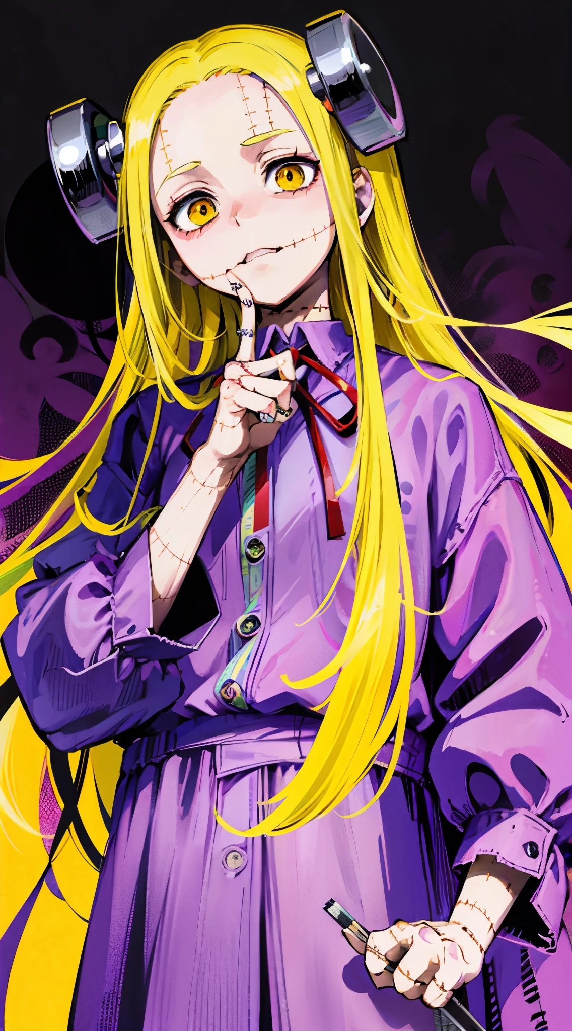 Madaraki_Fran,A girl ,stands,awkward,the madhatter ,surgeon ,wrinkles,concerned,((bites his finger)), hairlong , yellow hair,seams , Scars on the body , A creepy look , scary eyes , An intimidating look , creepy smile , bags under eyes, ((((Nervous))))