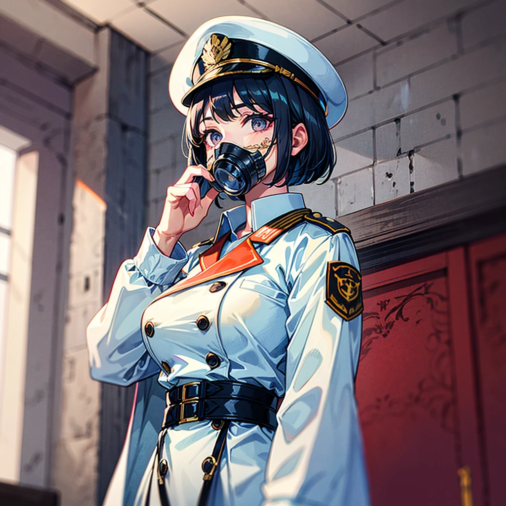 (((masterpiece)))、(((Top image quality)))、(((top-quality)))、((highly detailed unity 8kwall-paper))、(Illustration of one woman)、30-years old、(Viceroy)、Black hair bob cut、(((Gas mask covering the mouth)))、Gray eyes、(((Sanpaku eyes)))、((Tall))、((huge tit))、((Military uniforms))、((Military Cap))、((Military coat))、(white clothes)、(White pants)、(White cap)、trench coat、((Inside the spaceship))