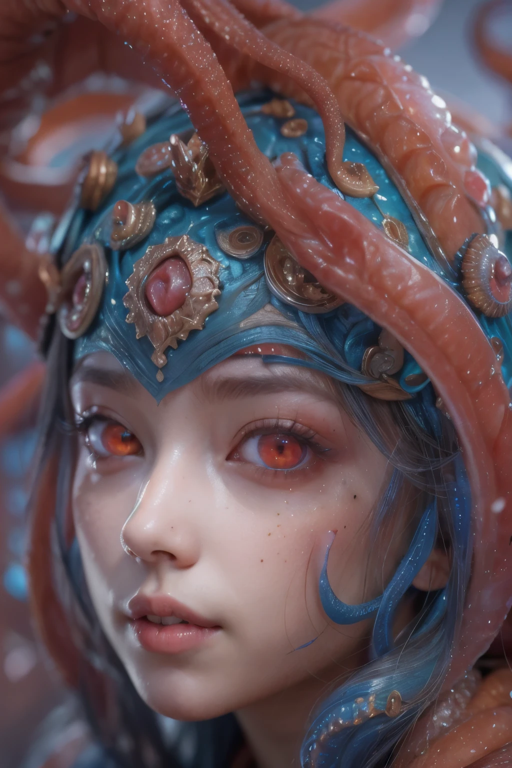 Female Alien, Beautiful face, seduces, red eyes, Full body like, A sexy, alien, No humans, an alien, cells are fused, Multiple hands, Lots of blue tentacle skin:1.5), extraterrestrial, cell, bio image, 魅惑的, Best Quality, 8K,,4K_quality, high_Definition,Dramatic Lighting, masutepiece:1.5,cinematic quality, detail up, Intricate details:1.2, 超A high resolution, High Definition, drawing faithfully, (Thick eyebrows:1.2), (Big scarlet eyes:1.6), Beautiful eyes with fine symmetry, (Ultra detailed eyes:1.2),(Highly detailed face and eyes:1.2), (High-resolution red-eye:1.4), Intimate face, (ultra detailed skin texture:1.4), Perfect Anatomy, (Beautiful toned body:1.5), (Moist skin:1.2), No makeup, (dark circles:1.1),
