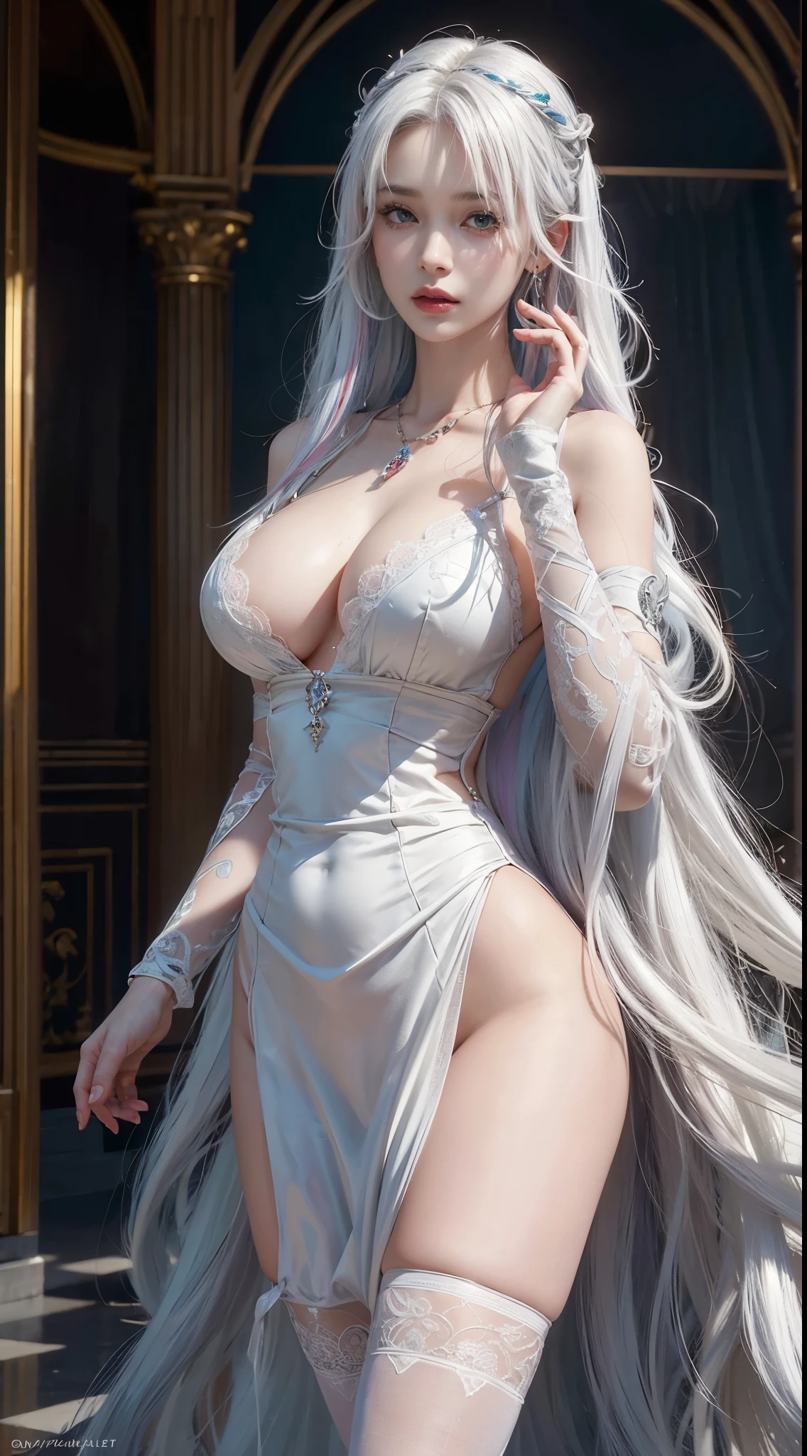 (((multicolored hair, [White hair]))), ultra realistic 8k cg, Picture-perfect face, Flawless, Clean, Masterpiece, Professional artwork, Famous artwork, Cinematic lighting, Cinematic bloom, Perfect face,(Young:1.2),((20yr old)), Beautiful face, Beautiful eyes, (((Perfect female body, Narrow waist))), Young princess, royal, Divine, Goddess, divino, (Royal Palace), fantasy, Dreamlike, unreal, Science fiction, (Normal breasts:1.2), Beautiful clothes, Lace, Lace trim, lace-trimmed legwear, NSFW,, Absurdly long hair, Very long hair, (Rich:1.4), necklace, Earrings, Bracelet, armlets, view the viewer,(thongs:1), (Hands have up to five fingers), (Redlip)