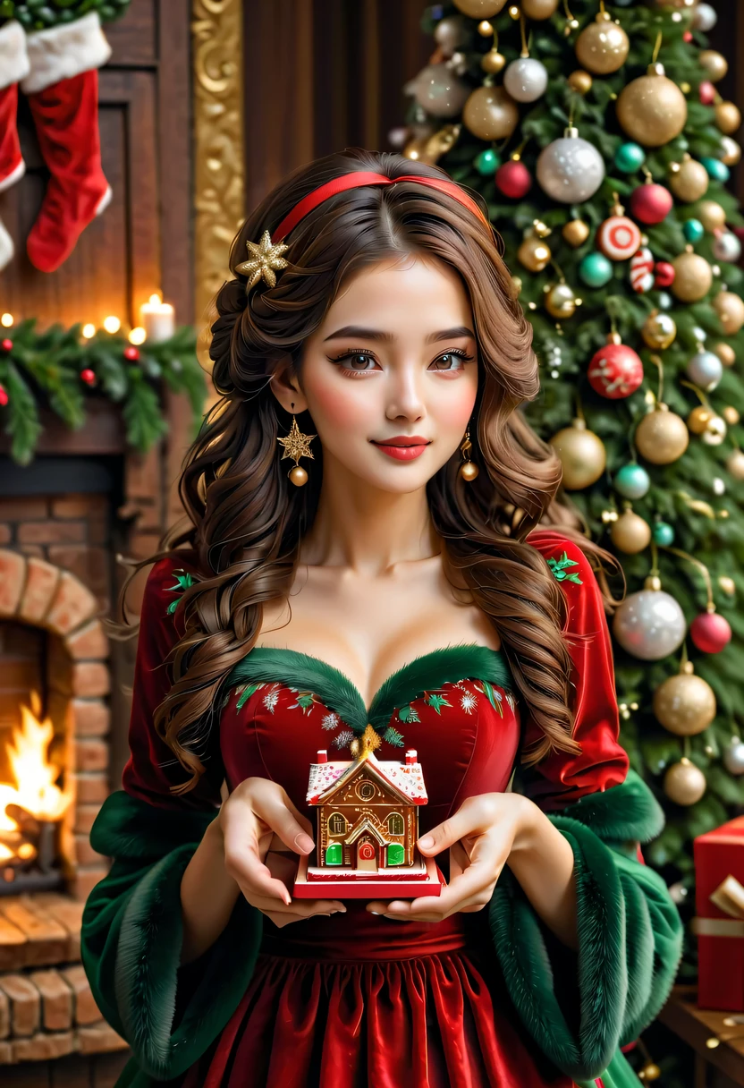 Best quality,ultra - detailed,actual,Christmas girl,beautidful eyes,beautiful detailed lips,Long eyelashes,joyful expressions,Red and green Christmas dresses,Holding Christmas music box, (actual) Christmas wooden music box,[Meticulous carving],Beautiful handmade decorations,retro aesthetic,Magnificent design, complex wood grain,Exquisite craftsmanship,Exquisite hairstyle carving,golden decorations,flashing lights,glitter jewelry,Christmas tree in background,Decorate with colorful baubles and tinsel,Soft snowflakes fall,a joyful atmosphere,magical light,Cozy fireplace,Crackling fire,Stacked gifts,Delicious Christmas treats,Hot cocoa with marshmallows,joyful christmas carols,quiet winter night.