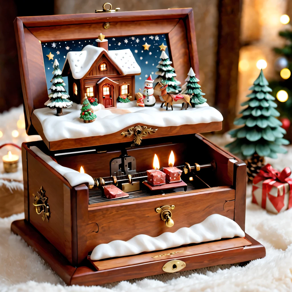alice&#39;Christmas gifts: (actual) Christmas wooden music box,[Meticulous carving],Beautiful handmade decorations,retro aesthetic,Magnificent design, complex wood grain,Exquisite craftsmanship,Exquisite hairstyle carving,holiday theme, Captivating melody, Charismatic, festive atmosphere,Soft glowing light, Charming winter scenery, Snow-covered landscape, Twinkling stars,Serene countryside, Cozy cottage, crackling fireplace, Hot cocoa, Christmas stockings, happy family gathering, Carefully wrapped gift, Joyful celebration, Magical moments.