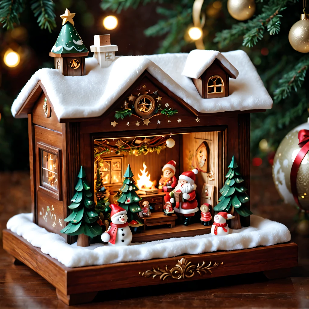 alice&#39;Christmas gifts: (actual) Christmas wooden music box,[Meticulous carving],Beautiful handmade decorations,retro aesthetic,Magnificent design, complex wood grain,Exquisite craftsmanship,Exquisite hairstyle carving,holiday theme, Captivating melody, Charismatic, festive atmosphere,Soft glowing light, Charming winter scenery, Snow-covered landscape, Twinkling stars,Serene countryside, Cozy cottage, crackling fireplace, Hot cocoa, Christmas stockings, happy family gathering, Carefully wrapped gift, Joyful celebration, Magical moments.