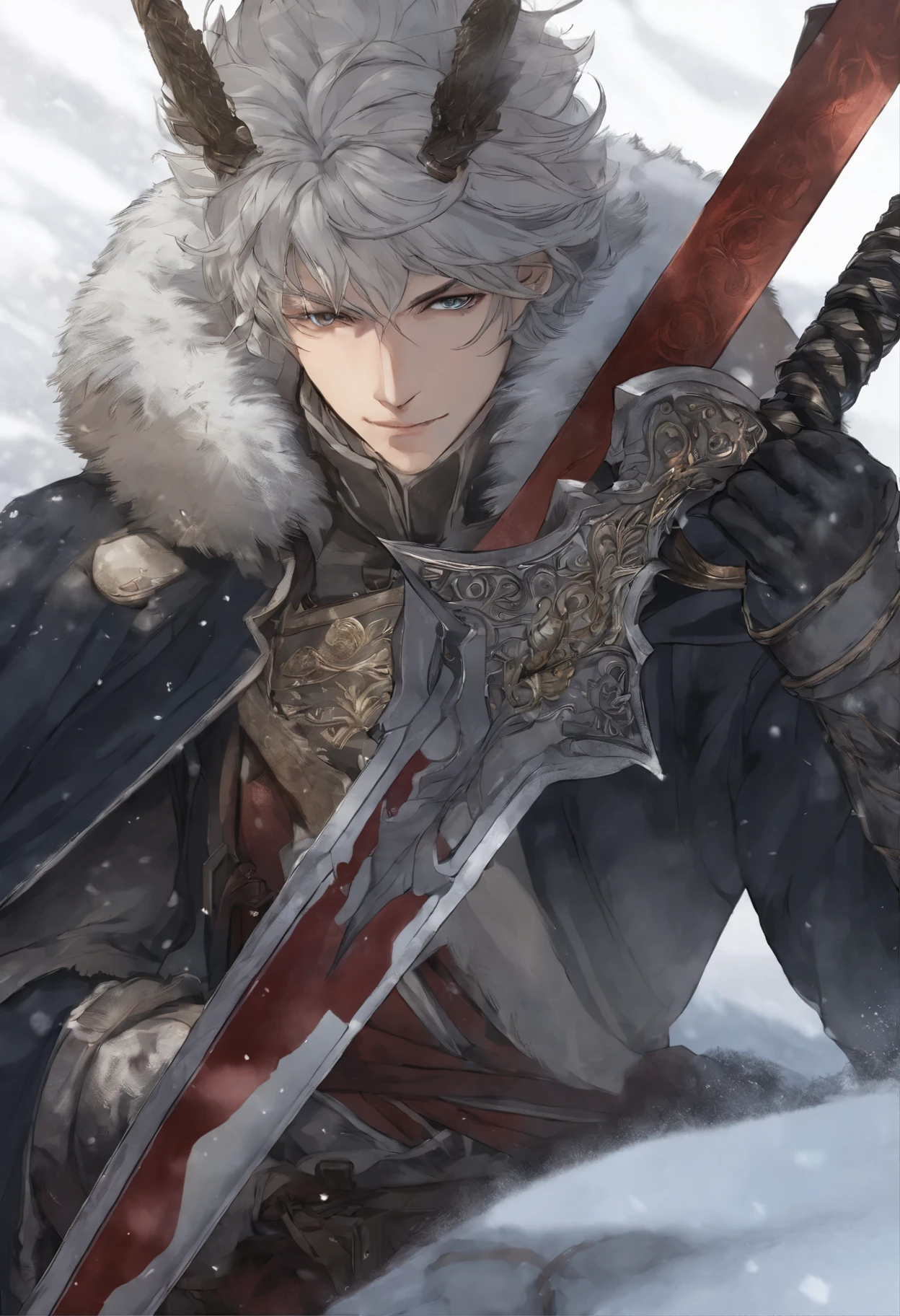 Close-up of a person, hold a sword in a snowy area, blood on sword, blood on the snow, casimir art, shigenori soejima illustration, boris valejo. octopath traveler, detailed anime character art, detailed key anime art, Granblue Fantasy, handsome guy in demon slayer art, Taisho Roman, crisp clear rpg portrait, Masamune Shiro, key anime art