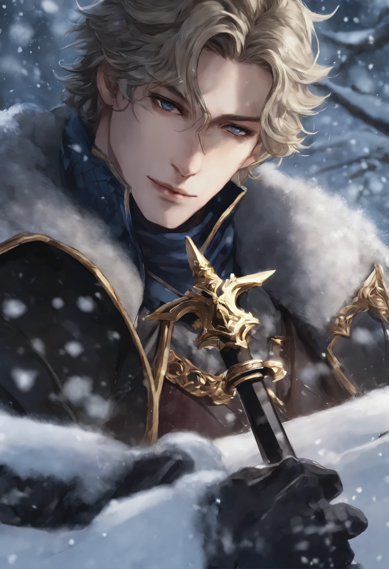 Close-up of a person, hold a sword in a snowy area, blood on sword, blood on the snow, casimir art, shigenori soejima illustration, boris valejo. octopath traveler, detailed anime character art, detailed key anime art, Granblue Fantasy, handsome guy in demon slayer art, Taisho Roman, crisp clear rpg portrait, Masamune Shiro, key anime art