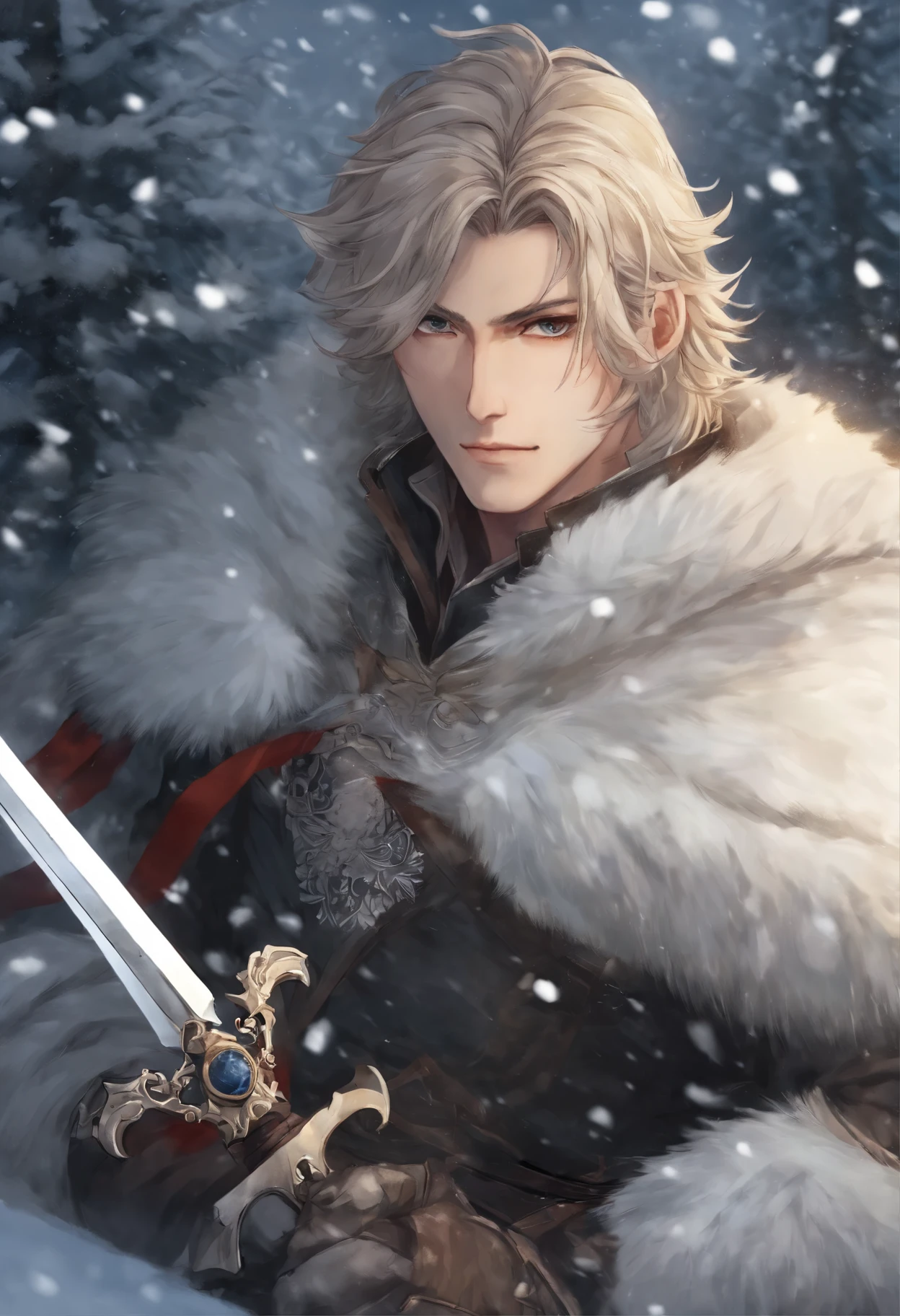 Close-up of a person, hold a sword in a snowy area, blood on sword, blood on the snow, casimir art, shigenori soejima illustration, boris valejo. octopath traveler, detailed anime character art, detailed key anime art, Granblue Fantasy, handsome guy in demon slayer art, Taisho Roman, crisp clear rpg portrait, Masamune Shiro, key anime art