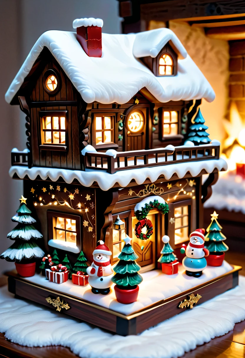 (actual) Christmas wooden music box,[Meticulous carving],Beautiful handmade decorations,retro aesthetic,Magnificent design, complex wood grain,Exquisite craftsmanship,Exquisite hairstyle carving,holiday theme, Captivating melody, Charismatic, festive atmosphere,Soft glowing light, Charming winter scenery, Snow-covered landscape, Twinkling stars,Serene countryside, Cozy cottage, crackling fireplace, Hot cocoa, Christmas stockings, happy family gathering, Carefully wrapped gift, Joyful celebration, Magical moments.