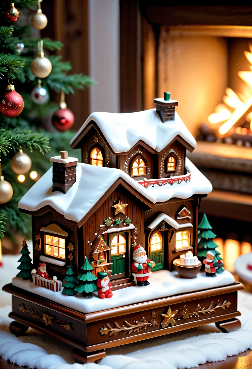 (actual) Christmas wooden music box,[Meticulous carving],Beautiful handmade decorations,retro aesthetic,Magnificent design, complex wood grain,Exquisite craftsmanship,Exquisite hairstyle carving,holiday theme, Captivating melody, Charismatic, festive atmosphere,Soft glowing light, Charming winter scenery, Snow-covered landscape, Twinkling stars,Serene countryside, Cozy cottage, crackling fireplace, Hot cocoa, Christmas stockings, happy family gathering, Carefully wrapped gift, Joyful celebration, Magical moments.