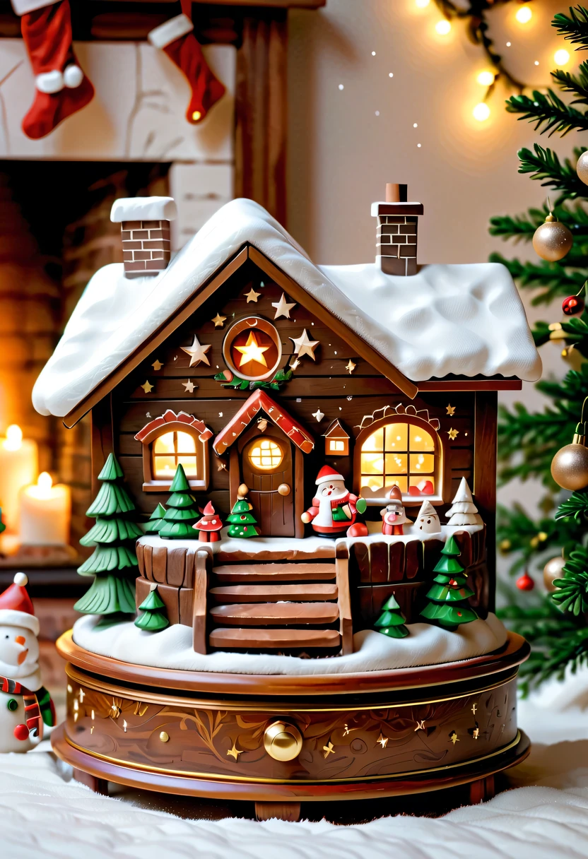 (actual) Christmas wooden music box,[Meticulous carving],Beautiful handmade decorations,retro aesthetic,Magnificent design, complex wood grain,Exquisite craftsmanship,Exquisite hairstyle carving,holiday theme, Captivating melody, Charismatic, festive atmosphere,Soft glowing light, Charming winter scenery, Snow-covered landscape, Twinkling stars,Serene countryside, Cozy cottage, crackling fireplace, Hot cocoa, Christmas stockings, happy family gathering, Carefully wrapped gift, Joyful celebration, Magical moments.