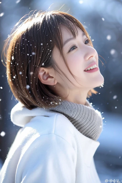 1 female、brue eyes、profile、Looking up、looking at the snow、Happy look、a short bob、a blond、Beautiful hair color、It's snowing、Smiling、White teeth are visible、Well-formed eyebrows、short-hair、
Winter scene、depth of fields、High quality、profile、Turning around、bustup、
