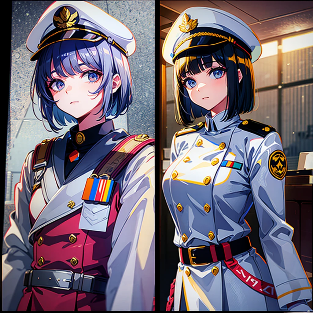 (((masterpiece)))、(((Top image quality)))、(((top-quality)))、((highly detailed unity 8kwall-paper))、(Illustration of one woman)、30-years old、(Viceroy)、Black hair bob cut、(((Gas mask covering the mouth)))、Gray eyes、(((Sanpaku eyes)))、((Tall))、((huge tit))、((Military uniforms))、((Military Cap))、((Military coat))、(white clothes)、(White pants)、(White cap)、trench coat、((Inside the spaceship))