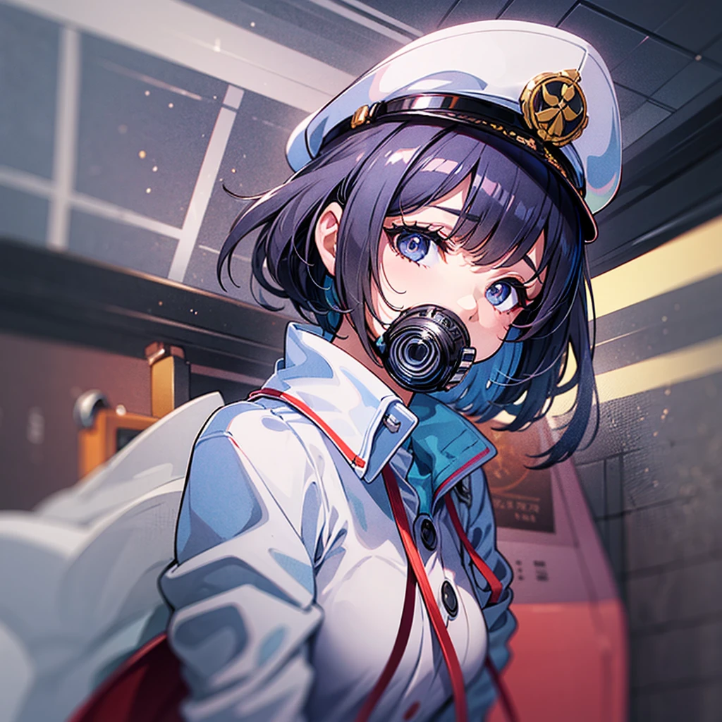 (((masterpiece)))、(((Top image quality)))、(((top-quality)))、((highly detailed unity 8kwall-paper))、(Illustration of one woman)、30-years old、(Viceroy)、Black hair bob cut、(((Gas mask covering the mouth)))、Gray eyes、(((Sanpaku eyes)))、((Tall))、((huge tit))、((Military uniforms))、((Military Cap))、((Military coat))、(white clothes)、(White pants)、(White cap)、trench coat、((Inside the spaceship))