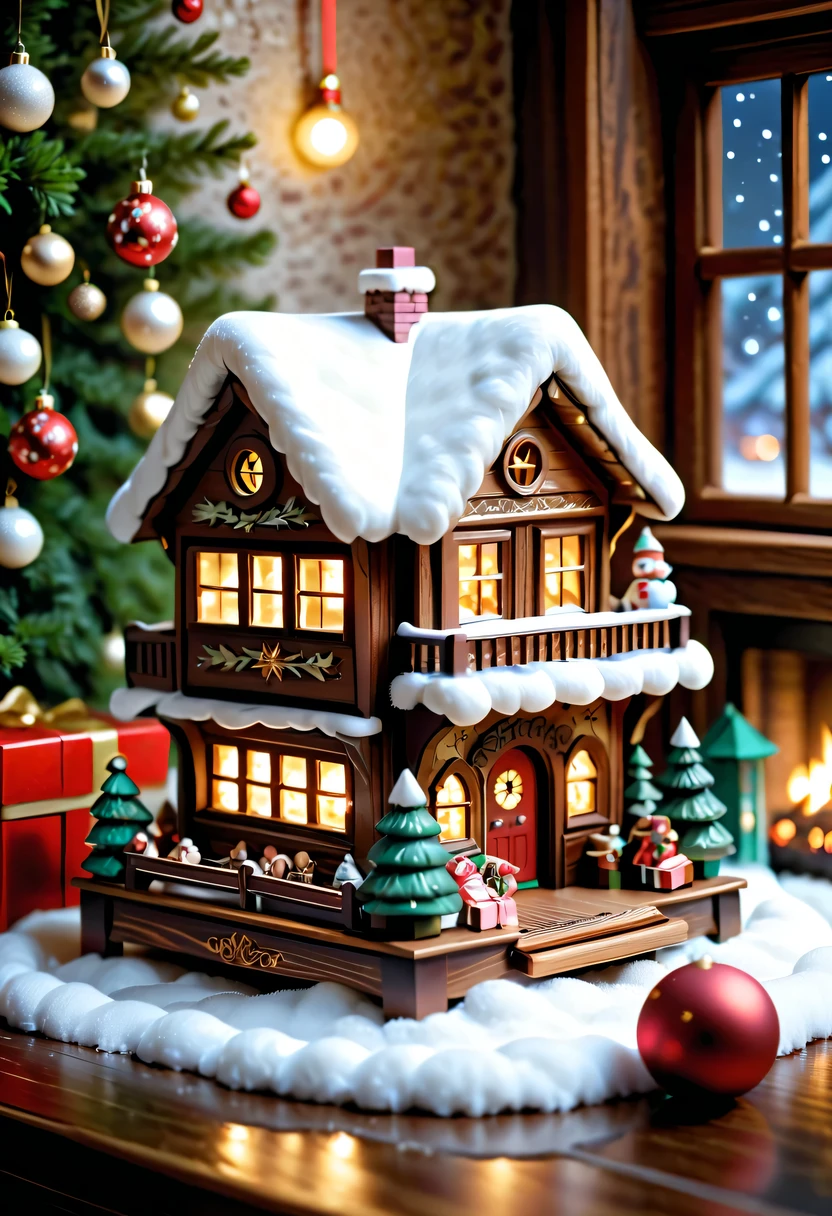 (actual) Christmas wooden music box,[Meticulous carving],Beautiful handmade decorations,retro aesthetic,Magnificent design, complex wood grain,Exquisite craftsmanship,Exquisite hairstyle carving,holiday theme, Captivating melody, Charismatic, festive atmosphere,Soft glowing light, Charming winter scenery, Snow-covered landscape, Twinkling stars,Serene countryside, Cozy cottage, crackling fireplace, Hot cocoa, Christmas stockings, happy family gathering, Carefully wrapped gift, Joyful celebration, Magical moments.