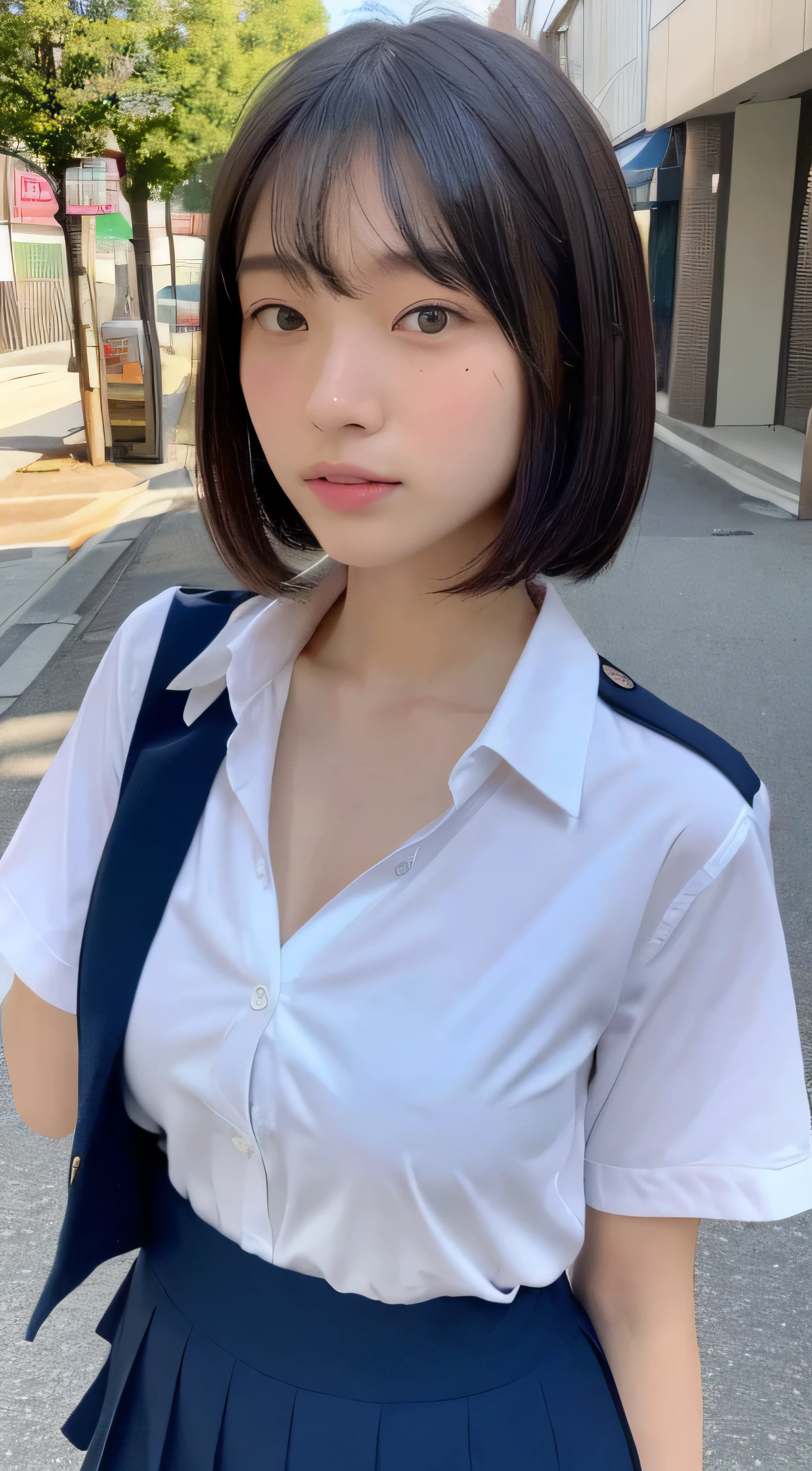 ((top-quality、8K、masterpiece:1.3))、foco nítido:1.2、Beautiful woman with perfect body:1.4、Slim abdomen:1.2、((Layered Haircut、Colossal tits:1.2))、 (Small and beautiful hard nipple) (Thin, damp buttons up to shirt length:1.1)、(Sateen、a street:1.2)、Wet body:1.1、Highly detailed facial and skin texture、 A detailed eye、二重まぶた、sun burnした肌、A sexy、sun burn、Japan school uniform、japanes