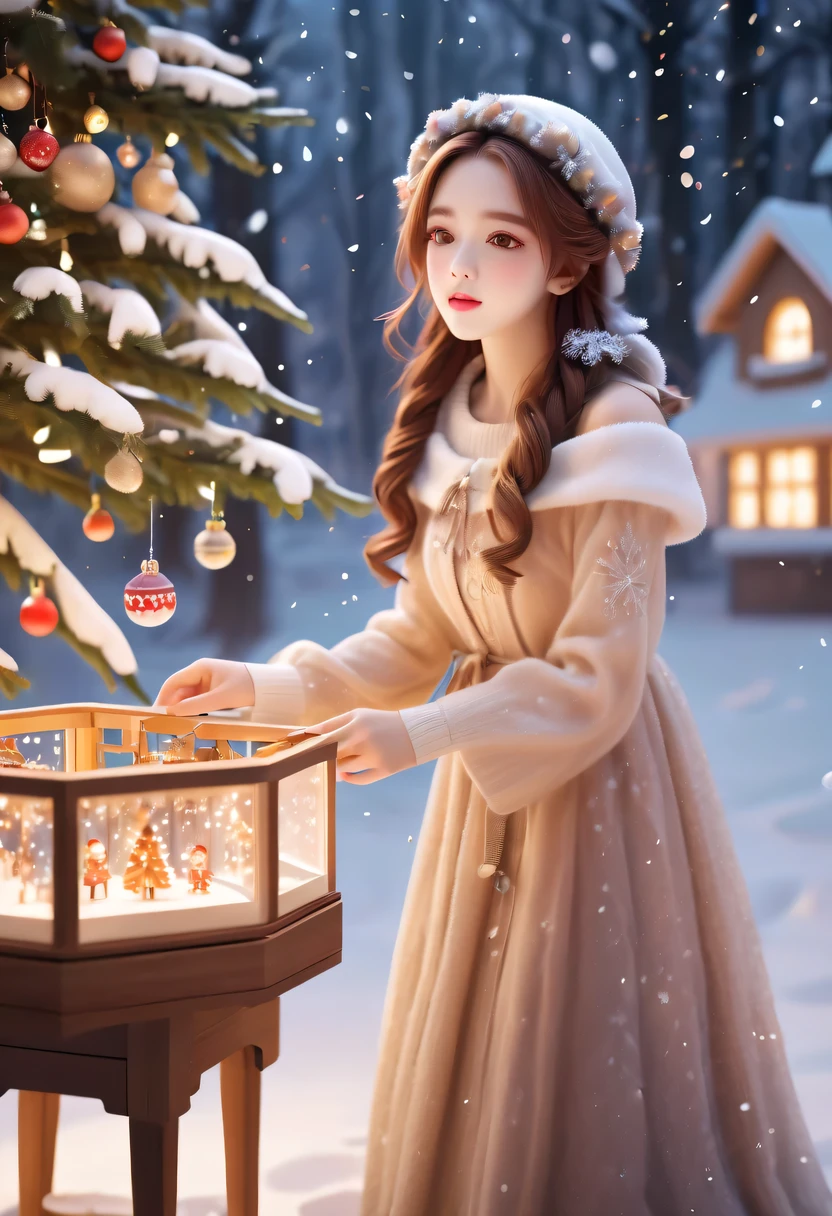 (Best quality,4K,8K,A high resolution,tmasterpiece:1.2),ultra - detailed,(actual,photoactual,photo-actual:1.37),A girl in the Christmas garden,illuminations,(Christmas wooden music box:1.5),Beautifully wrapped Christmas gifts,Sparkling ornaments,Warm winter scene,snowflakes falling,Glowing Christmas lights,Soft color palette,atmosphere,Magic and wonder,sporty attire,传统节日atmosphere
