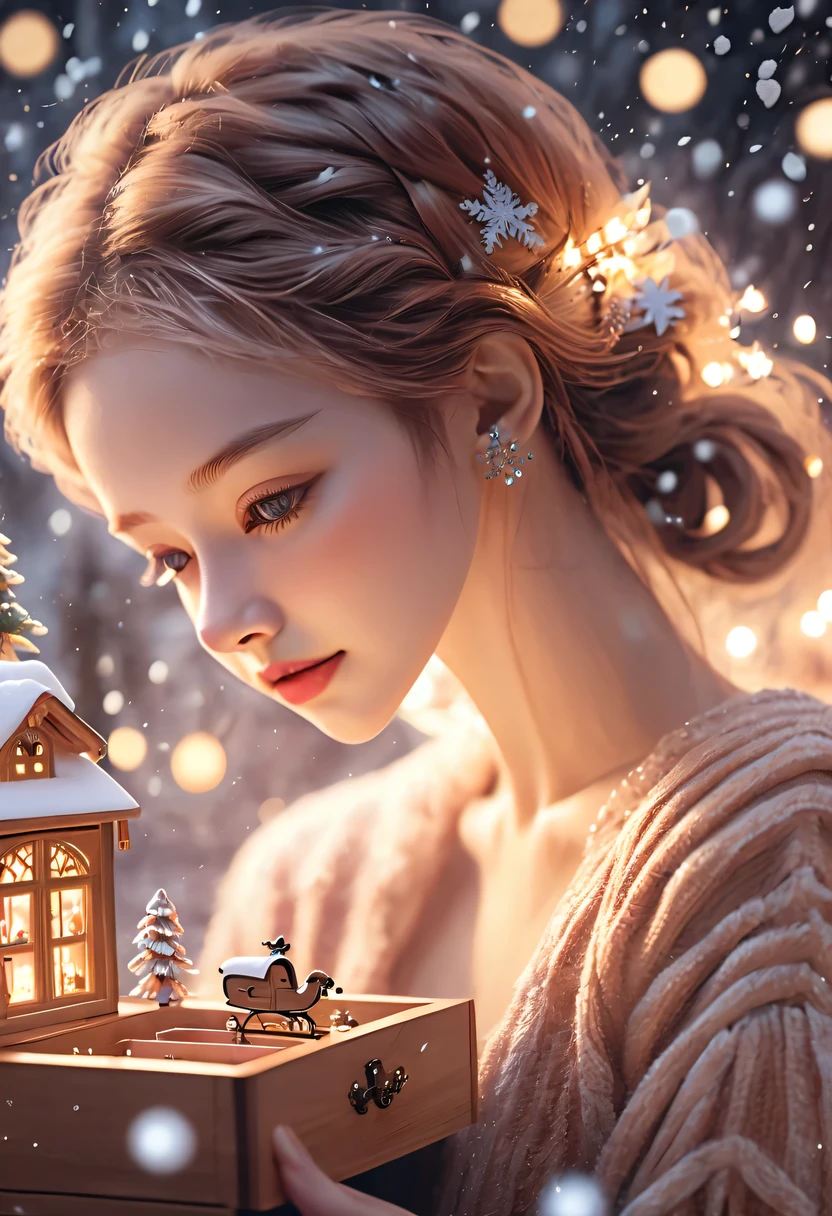 (Best quality,4K,8K,A high resolution,tmasterpiece:1.2),ultra - detailed,(actual,photoactual,photo-actual:1.37),A girl in the Christmas garden,illuminations,(Christmas wooden music box:1.5),Beautifully wrapped Christmas gifts,Sparkling ornaments,Warm winter scene，snowflakes falling,Glowing Christmas lights,Soft color palette,atmosphere,Magic and wonder,sporty attire,传统节日atmosphere