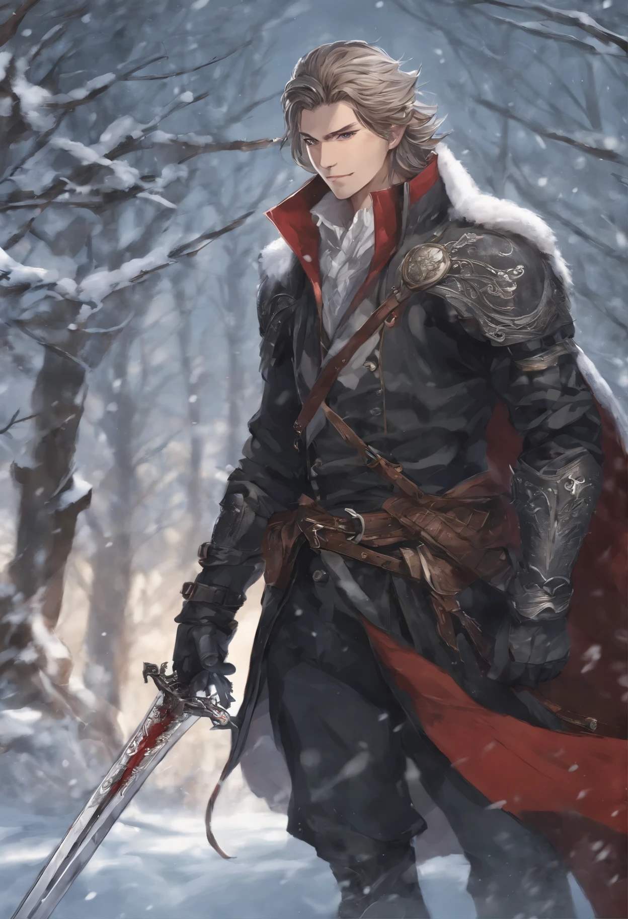 Close-up of a person, hold a sword in a snowy area,  blood on sword, blood on the snow, casimir art, shigenori soejima illustration, boris valejo. octopath traveler, detailed anime character art, detailed key anime art, Granblue Fantasy, handsome guy in demon slayer art, Taisho Roman, crisp clear rpg portrait, Masamune Shiro, key anime art