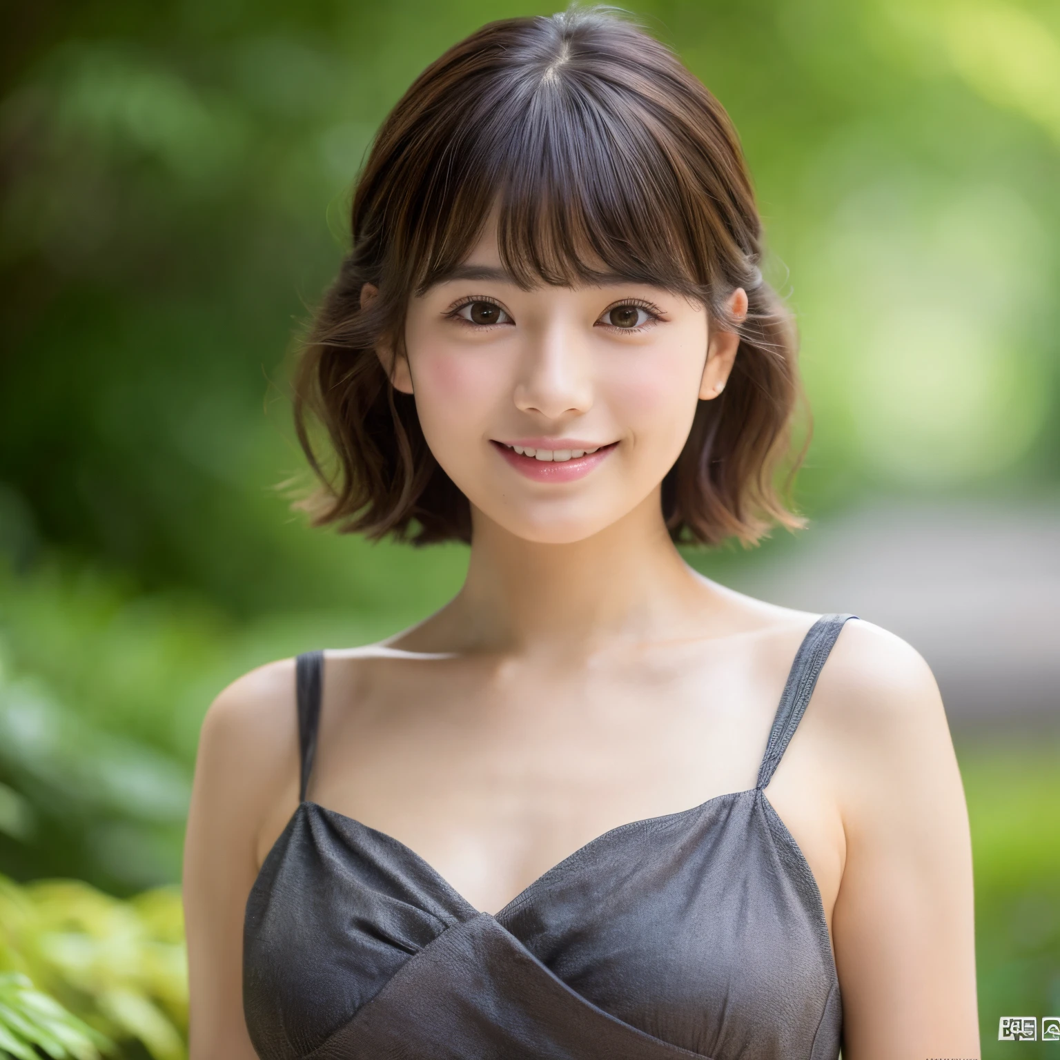 Beautiful black eyes、dual、natural skin textures:1.8, realistic eyes and face details:1.7、middlebreasts、in 8K,Best Quality:1.4, 超A high resolution:1.5, (Photorealistic:1.4),masterpiece:1.2,(top-quality:1.4)、 Raw photo、 (the background is blurred), Girl in 1, Cute, (Solo:1.4), (Shy smile), 、 (Brown shortcuts,Bangs),nogizaka,Beautiful body, Full body background、cute face、Realism、real looking skin、Breast G Cup、Tanuki face、