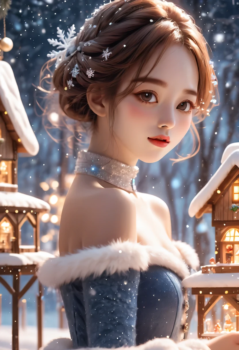 (Best quality,4K,8K,A high resolution,tmasterpiece:1.2),ultra - detailed,(actual,photoactual,photo-actual:1.37),A girl in the Christmas garden,illuminations,(Christmas wooden music box:1.5),Beautifully wrapped Christmas gifts,Sparkling ornaments,Warm winter scene,snowflakes falling,Glowing Christmas lights,Soft color palette,atmosphere,Magic and wonder,sporty attire,传统节日atmosphere