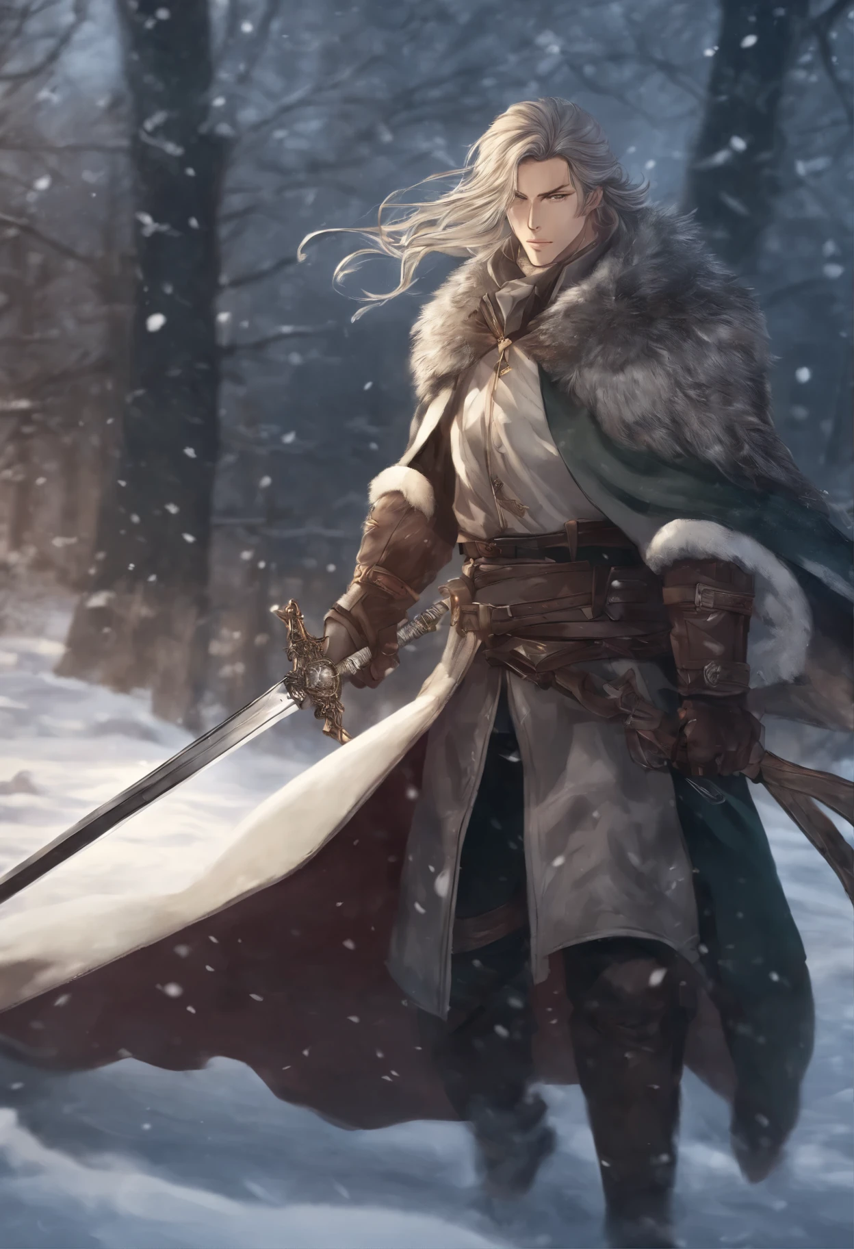 Close-up of a person, hold a sword in a snowy area, blood on sword, blood on the snow, casimir art, shigenori soejima illustration, boris valejo. octopath traveler, detailed anime character art, detailed key anime art, Granblue Fantasy, handsome guy in demon slayer art, Taisho Roman, crisp clear rpg portrait, Masamune Shiro, key anime art