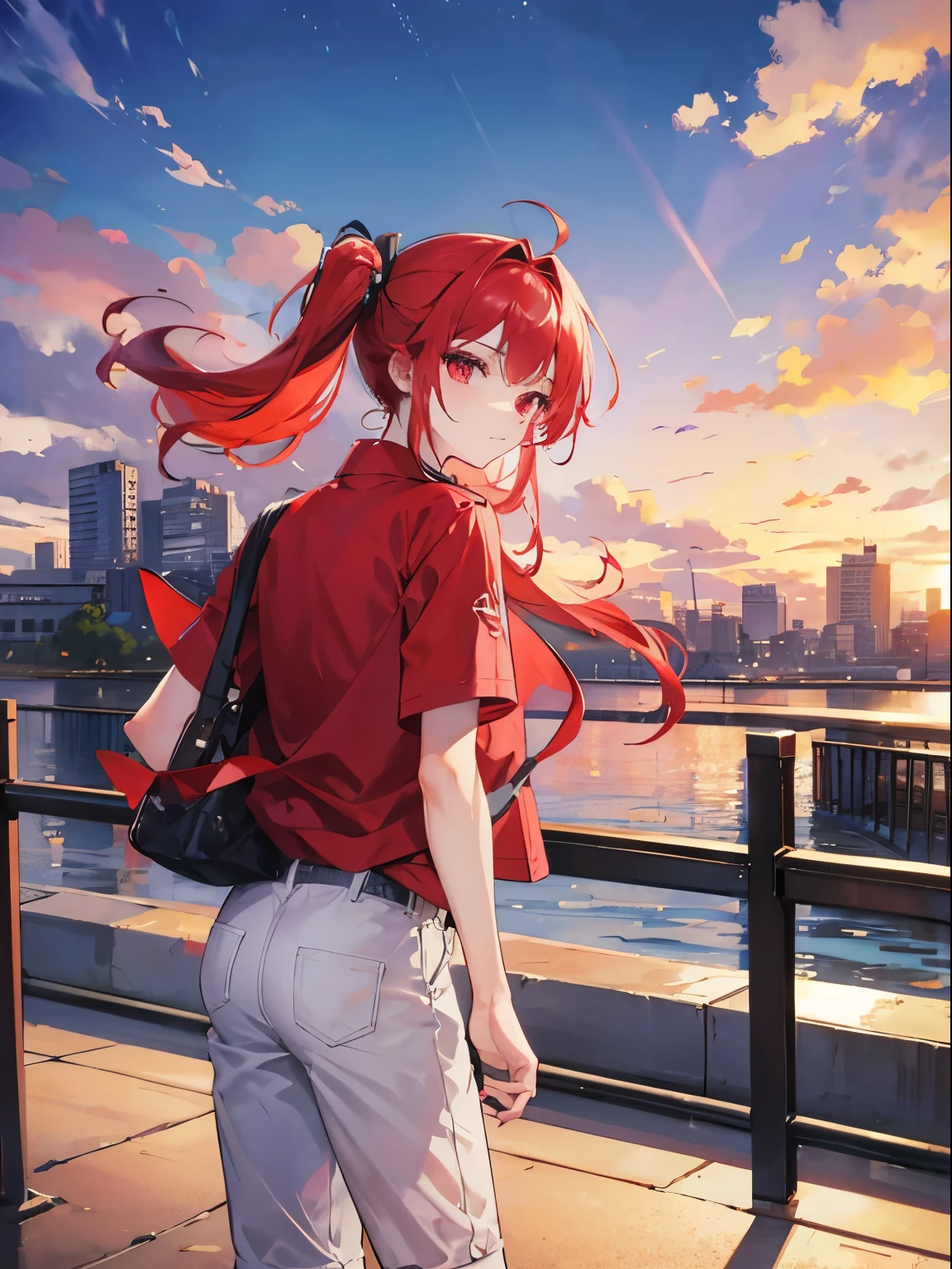 male in his 20s、Red-haired（Semi-long）、Red eyes、droopy dog ears and tail、Casual clothing、time is daytime、City in the background