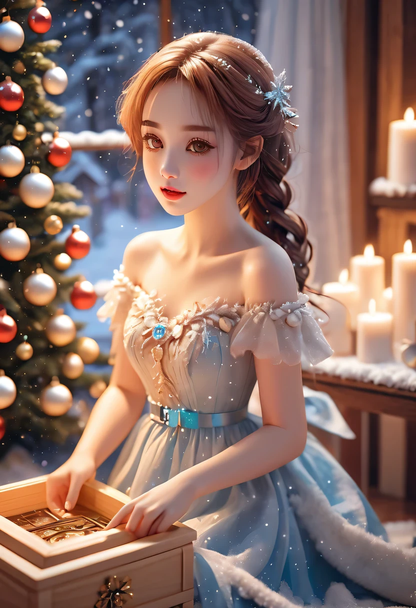(Best quality,4K,8K,A high resolution,tmasterpiece:1.2),ultra - detailed,(actual,photoactual,photo-actual:1.37),A girl in the Christmas garden,illuminations,(Christmas wooden music box:1.5),Beautifully wrapped Christmas gifts,Sparkling ornaments,Warm winter scene,snowflakes falling,Glowing Christmas lights,Soft color palette,atmosphere,Magic and wonder,sporty attire,传统节日atmosphere