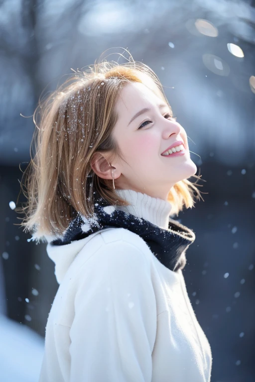 1 female、brue eyes、profile、Looking up、looking at the snow、Happy look、a short bob、a blond、Beautiful hair color、It's snowing、Smiling、White teeth are visible、Well-formed eyebrows、
Winter scene、depth of fields、High quality、profile、Turning around、bustup、Gold hair color