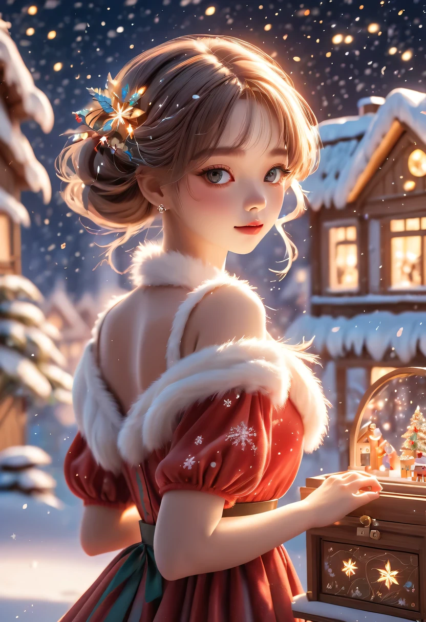(Best quality,4K,8K,A high resolution,tmasterpiece:1.2),ultra - detailed,(actual,photoactual,photo-actual:1.37),A girl in the Christmas garden,illuminations,(Christmas wooden music box:1.5),Beautifully wrapped Christmas gifts,Sparkling ornaments,Warm winter scene,snowflakes falling,Glowing Christmas lights,Soft color palette,atmosphere,Magic and wonder,sporty attire,传统节日atmosphere