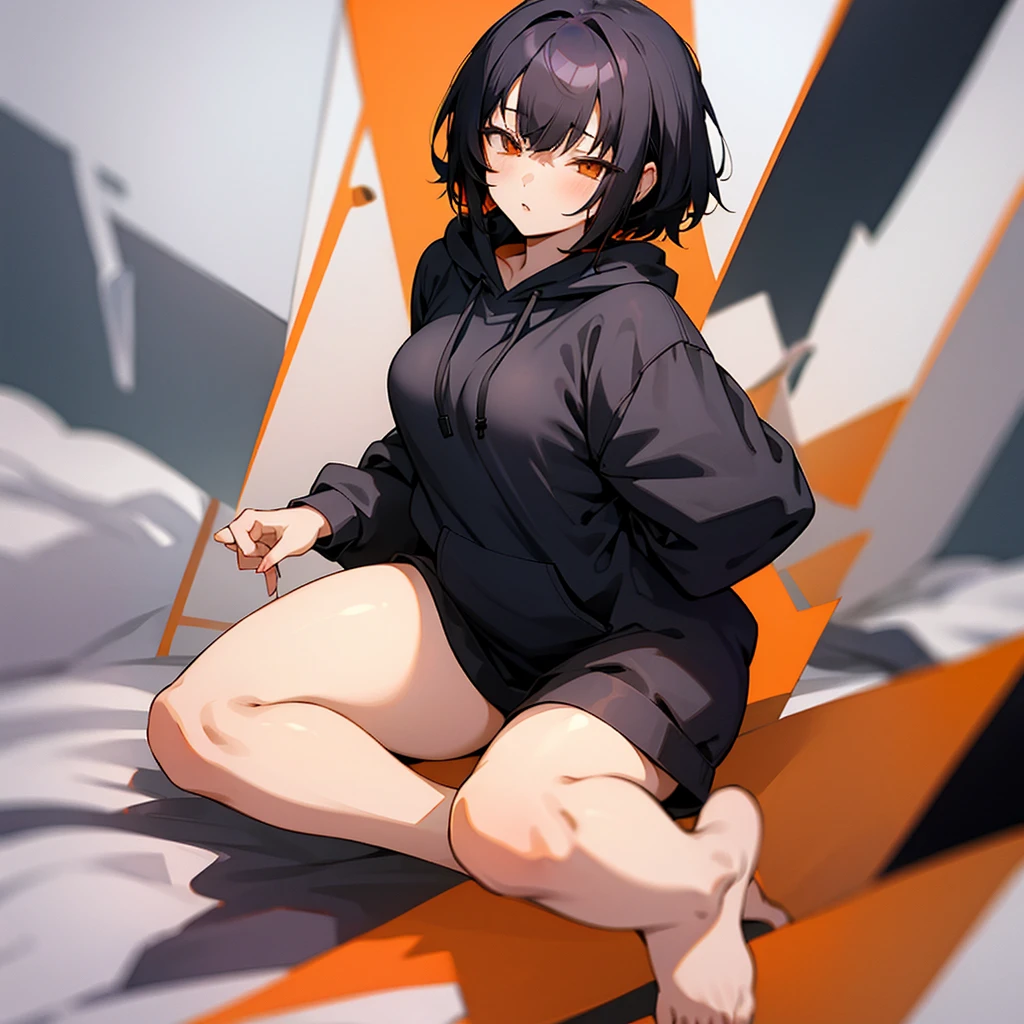 Anime style, woman,mesugaki,Wearing a black hoodie,Black shorthair,Orange eyes,small tits,Looking here,Bare legged、2guys