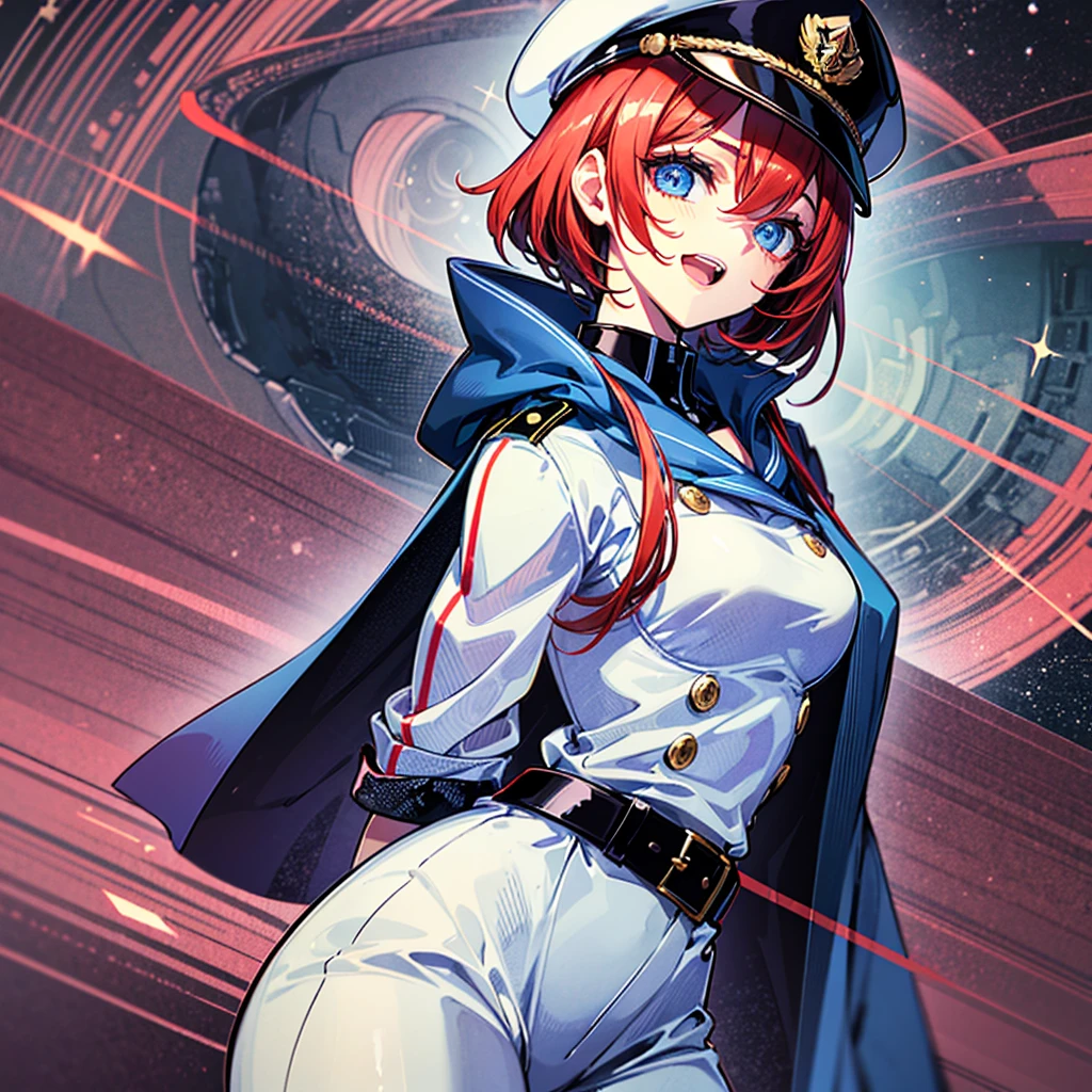 (((masterpiece)))、(((Top image quality)))、(((top-quality)))、(((highly detailed unity 8kwall-paper)))、(Illustration of one woman)、30-years old、(Viceroy)、((Red-haired shorthair))、(Thin hair hanging down both sides of the face)、Blue eyes、((Tall))、((Muscle Woman、stocky build、muscular legs、broad shoulders、solid chest))、((Military uniforms))、((Military Cap))、((Military coat))、(white clothes)、(White pants)、(White cap)、trench coat、((Inside the spaceship))、(The universe outside the window、Earth seen from space)