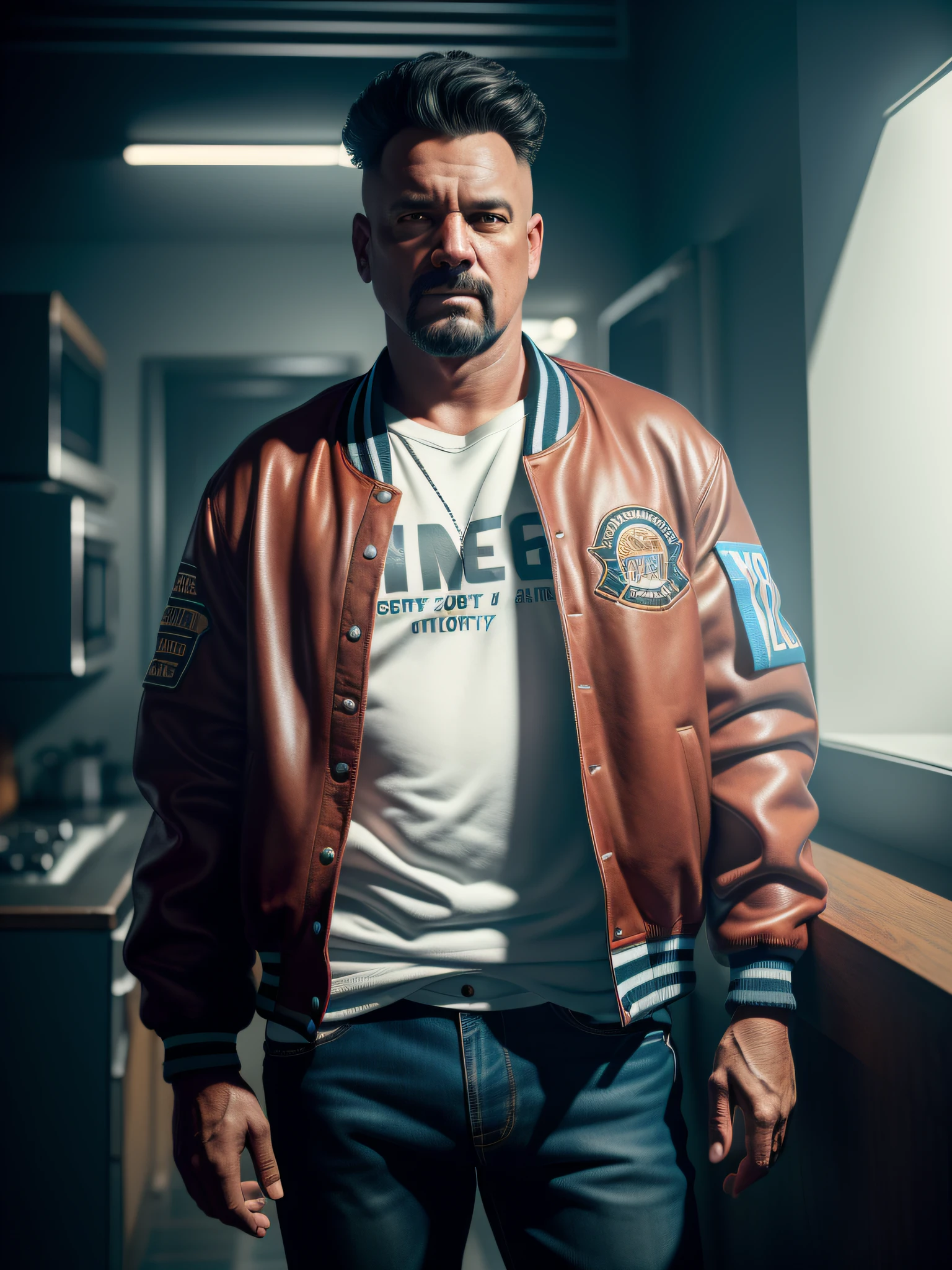 by lee jeffries nikon d850 film stock photography 4 kodak portra 400 camera f1.6 rich lenses colors hyper realistic texture dramatic lighting unrealengine trend on artstation cinestill 800, Extremely detailed face, realistic, best quality, photorealistic, 8k quality, High ress, standing, (looking at the camera), 1man, in the house of 19 years, (bully), bad guy, (varsity jacket), adolescent, cowboy shoter, sports pants