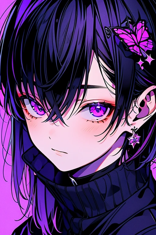 (masutepiece), (Best Quality), Highly detailed, 1 boy, Solo Focus,Perfect face, Beautiful face, extra detailed face,(A dark-haired:1.3),(Purple eyes:1.3)
