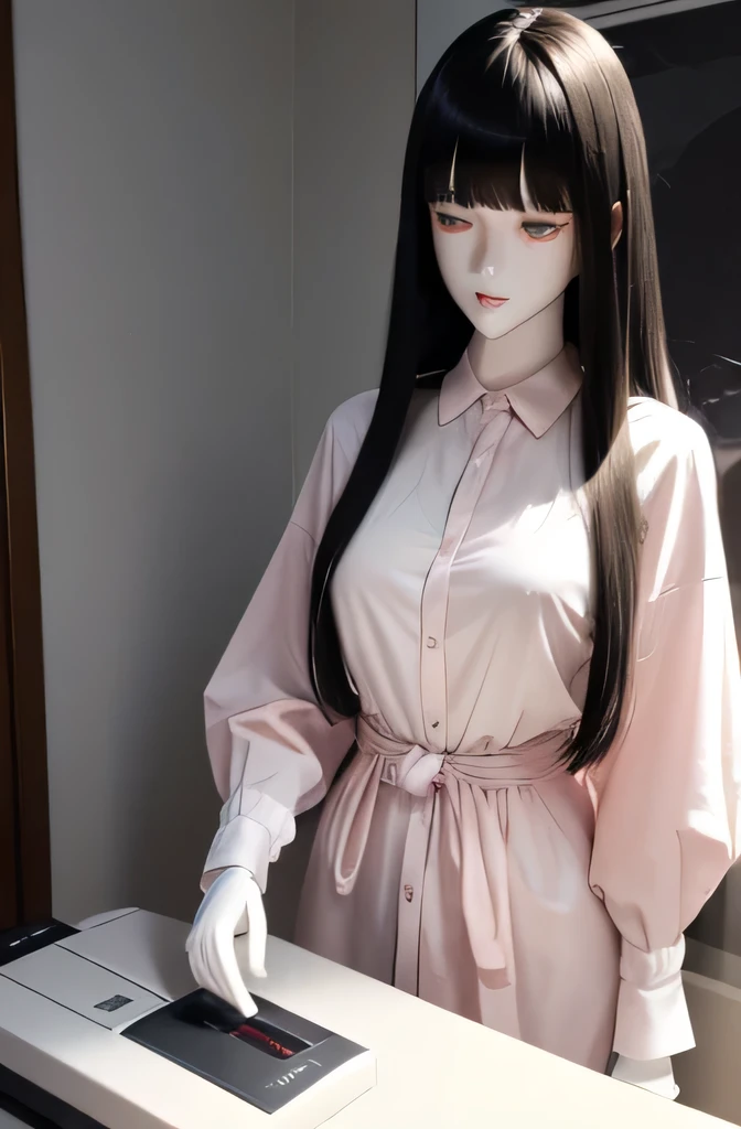 ファックス機を優しく撫でるMannequin(Beautuful Women　Mannequin is 35 years old　Mannequinの身長は165cmです. Mannequinの色&#39;my face is white.　Mannequinの色 body is pure white 　Mannequin has black hair(Long straight hair　Bangs)　Mannequin has a thin and long face　Mannequinの色&#39;lips are light pink.　Mannequin&#39;Eye color is black　Mannequinはシャツを着ています)　Deep kiss
