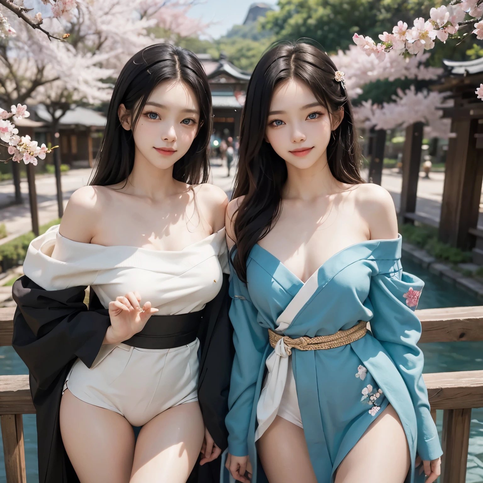 1girl, big breast, white skin, long black hair, korean, young, bright blue eyes, thick eyebrows, smiling, teeth out, small waist, wide thighs, wide thigh gap, perfect hands, perfect fingers, sexy kimono, off shoulder, cherry blossom, japan, supermodel, posing, nfsw, hyper-realistic, high detail, 8k, masterpiece