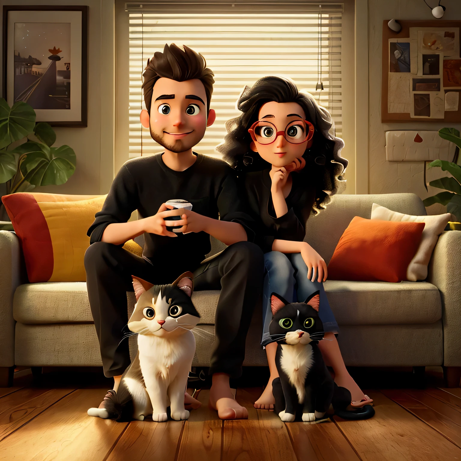 On a Disney Pixar-style movie poster, um jovem casal e dois gatos compartilham momentos aconchegantes em seu pequeno apartamento. O magro, Branco man, wearing a preto shirt, sports short preto hair and a trimmed beard. A mulher, With eye Glasses, tem muito tempo, preto, e cabelos lindamente cacheados. sitting on couch, the two adorable cats, one preto and Branco, e o outro exibindo uma charmosa mistura de laranja, Branco, verde, and preto, complete a cena encantadora. Uma imagem que captura a simplicidade e a magia do amor cotidiano.