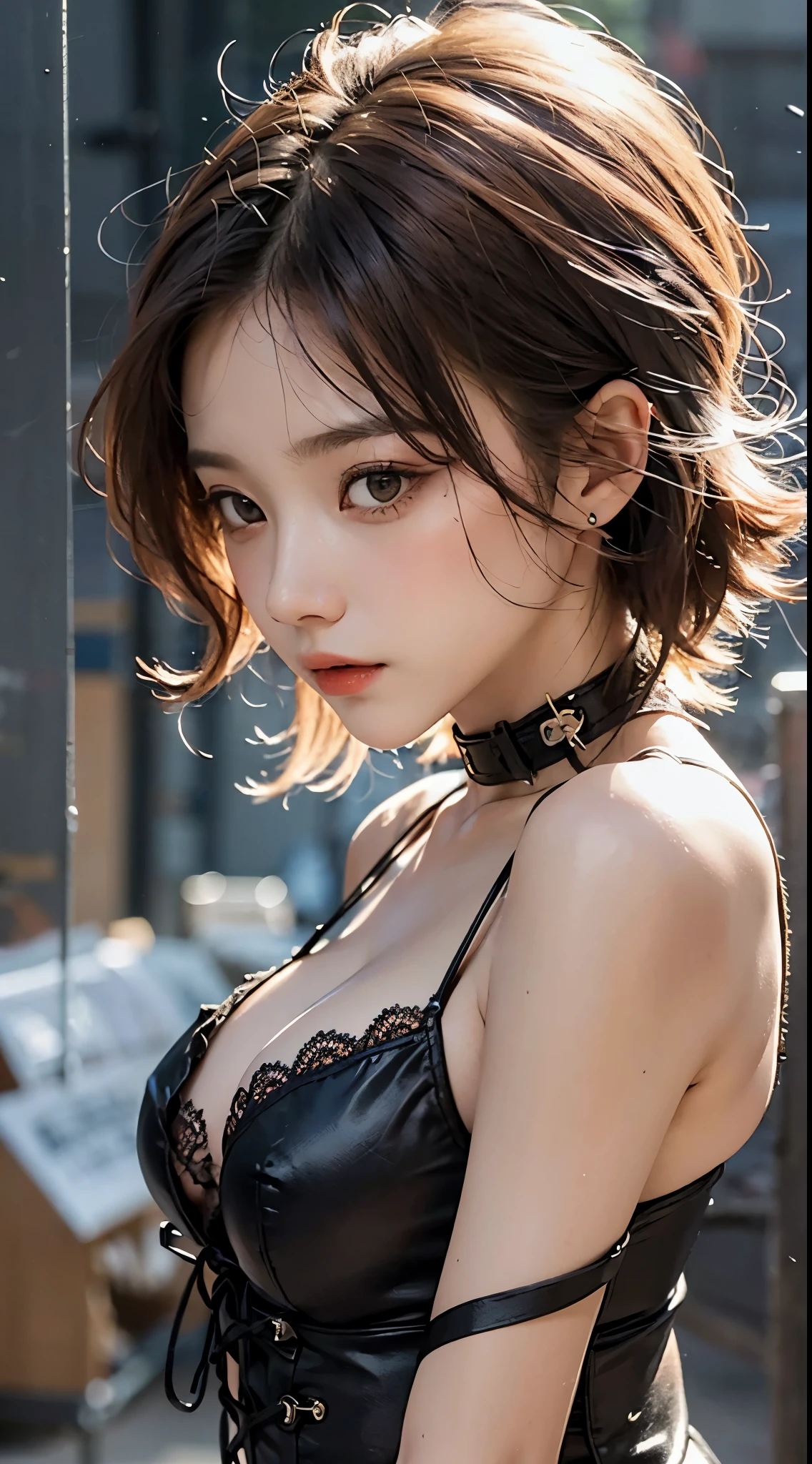(top-quality, masterpiece: 1.1), (fidelity: 1.4), 1girl in, The upper part of the body, Bery short hair, studio,BDSM,Slave,Black corset,束缚,slavery,Slaves首輪,Slaves,pantiy,bound woman,両手をbound woman, silber hair, Red braid
