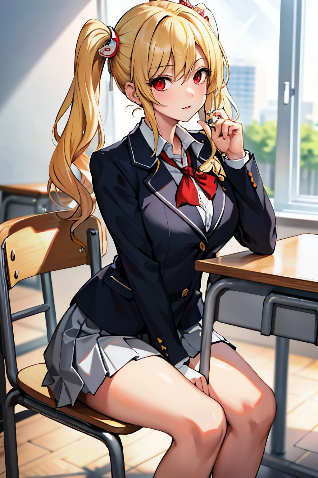 (masterpiece:1.2, best quality), 1lady, solo, school uniform, classroom, day, sit, blonde, twintails, red eyes, open collabone, gyaru, open chest