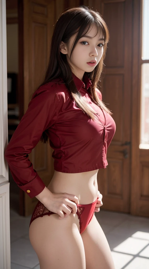 1Girl, Red fur, 18-year-old girl, Medium Tits, school uniformss, portrait of a, Background with, Sexy underwear,stocklings
